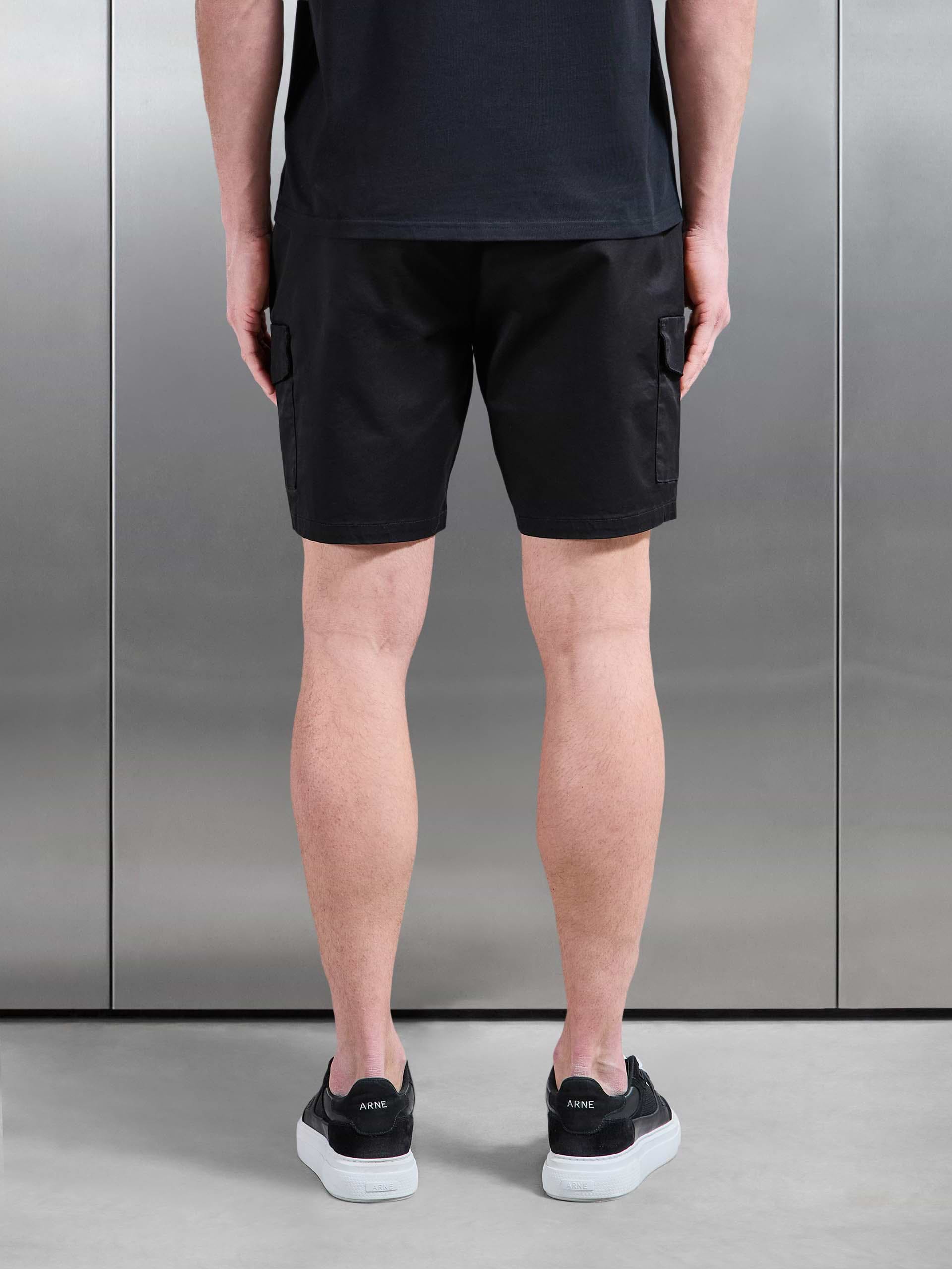 Tailored Drawstring Cargo Short in Black