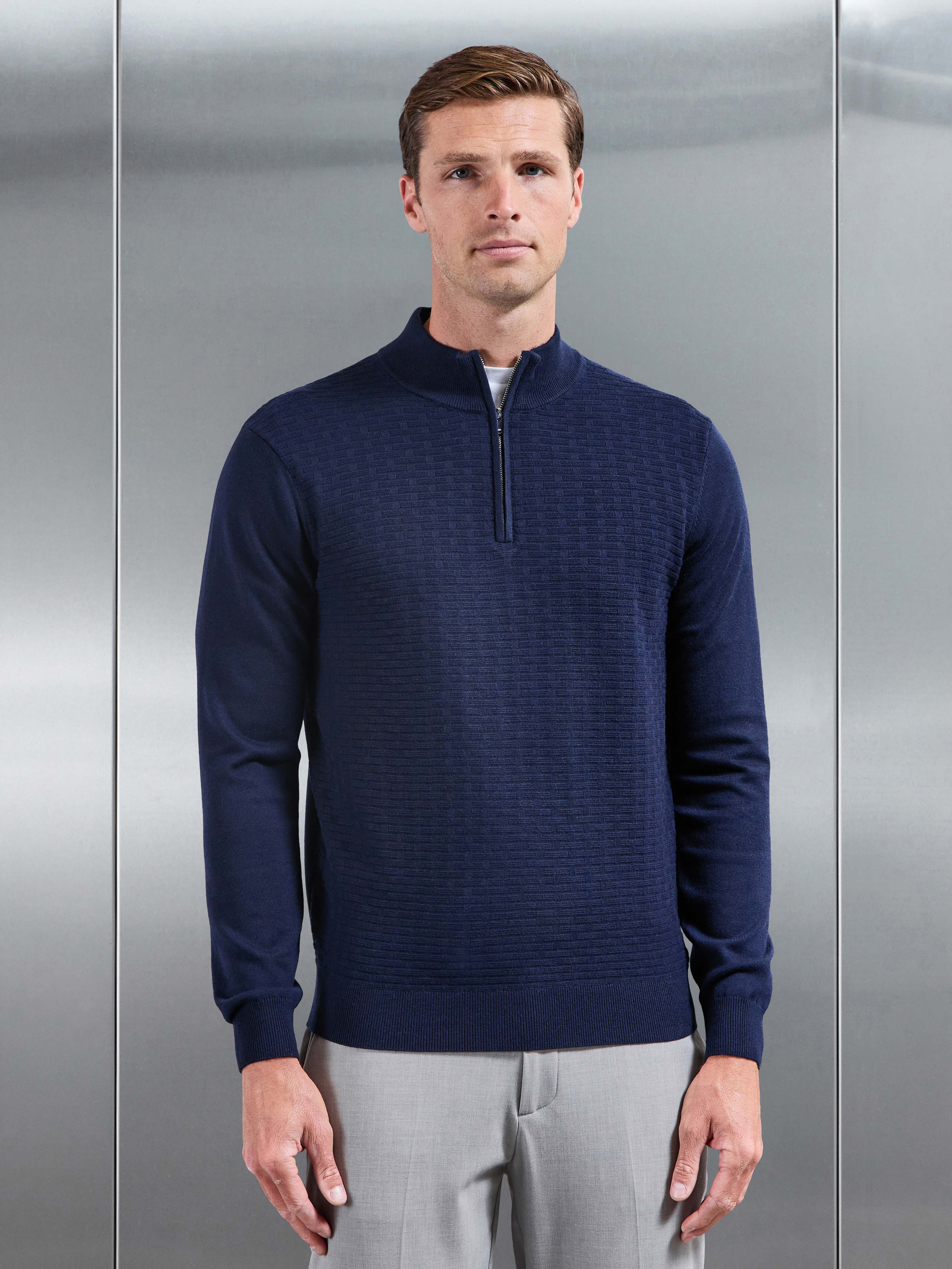 Textured Knitted Half Zip in Navy