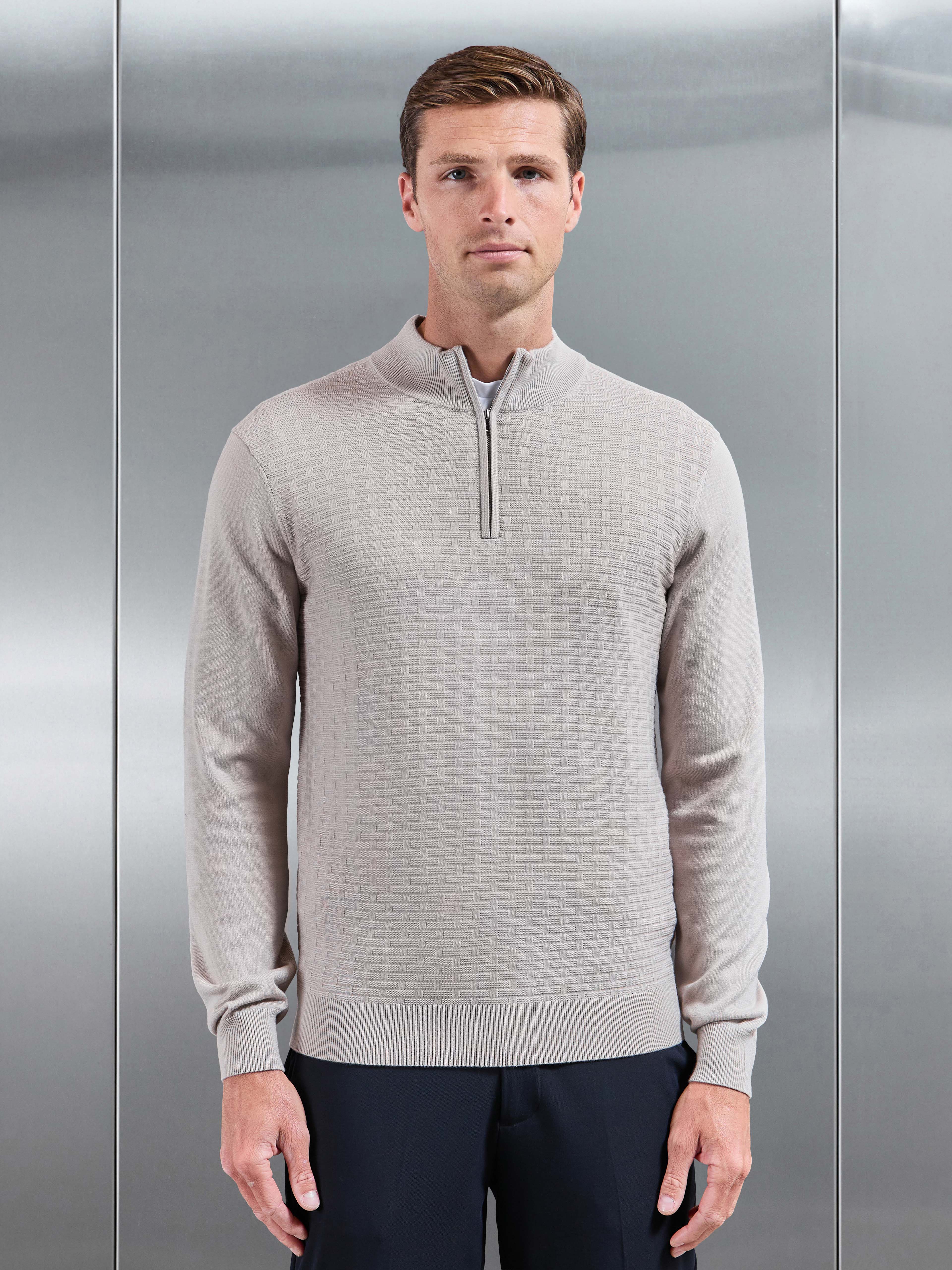 Textured Knitted Half Zip in Stone