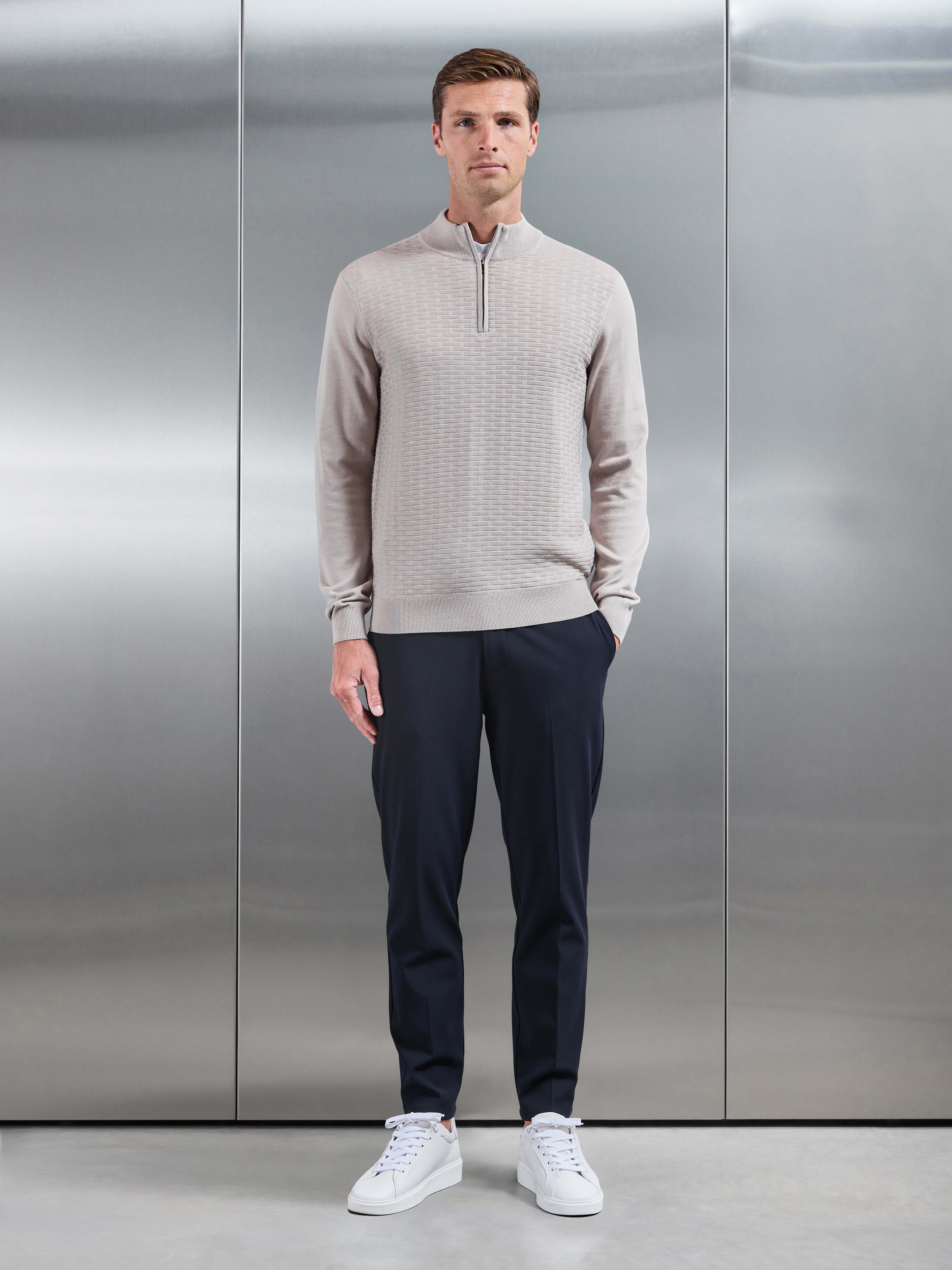 Textured Knitted Half Zip in Stone