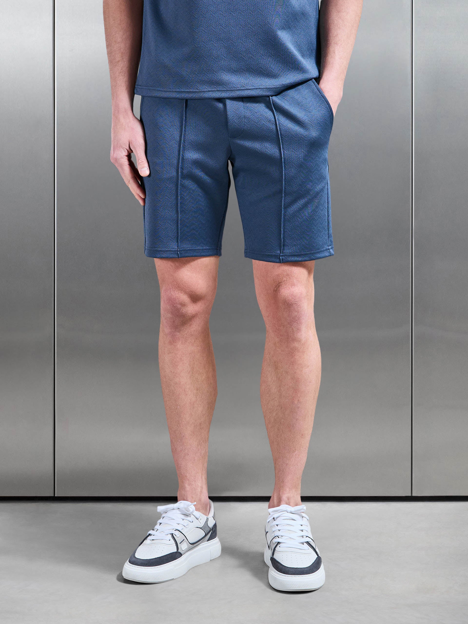 Textured Interlock Short in Steel Blue