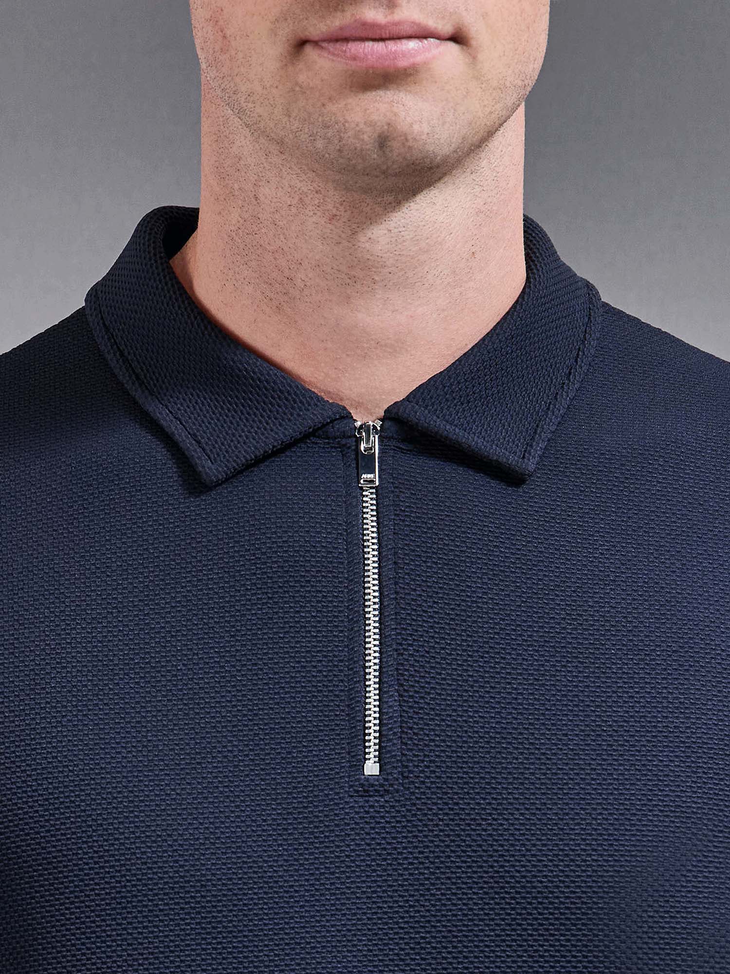 Textured Jersey Zip Polo Shirt in Navy