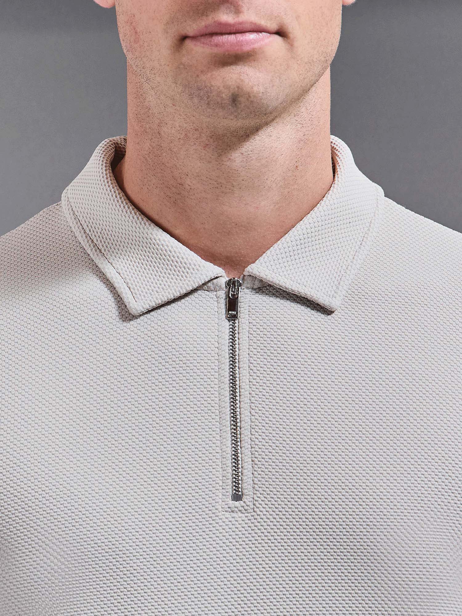 Textured Jersey Zip Polo Shirt in Stone