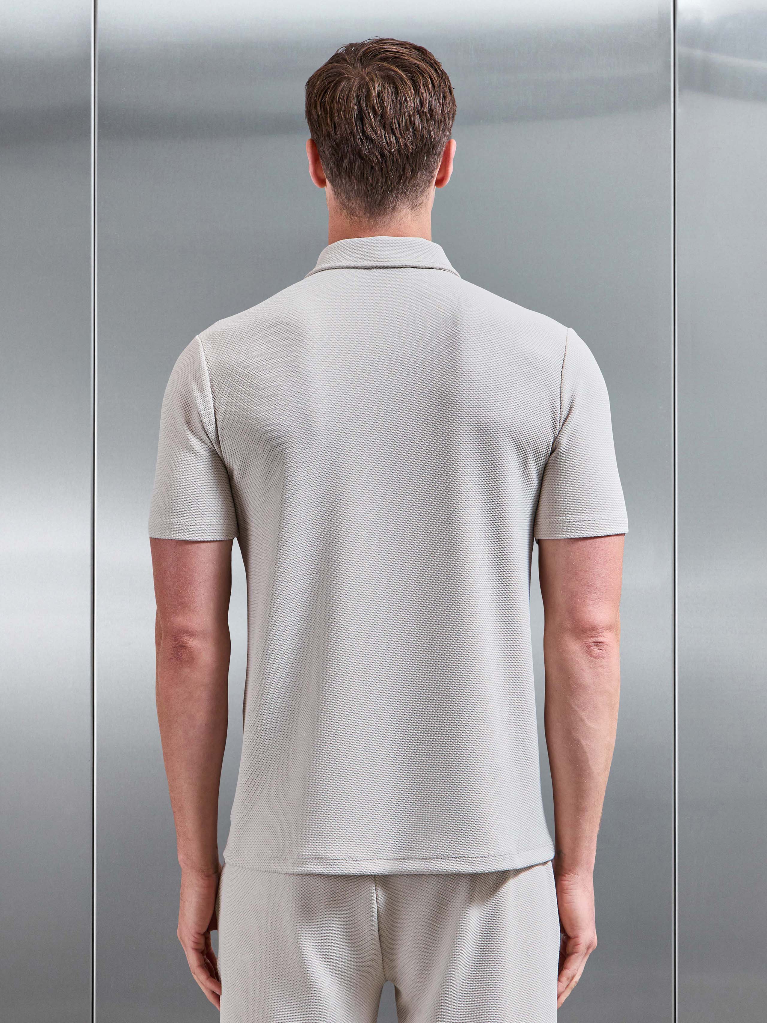 Textured Jersey Zip Polo Shirt in Stone