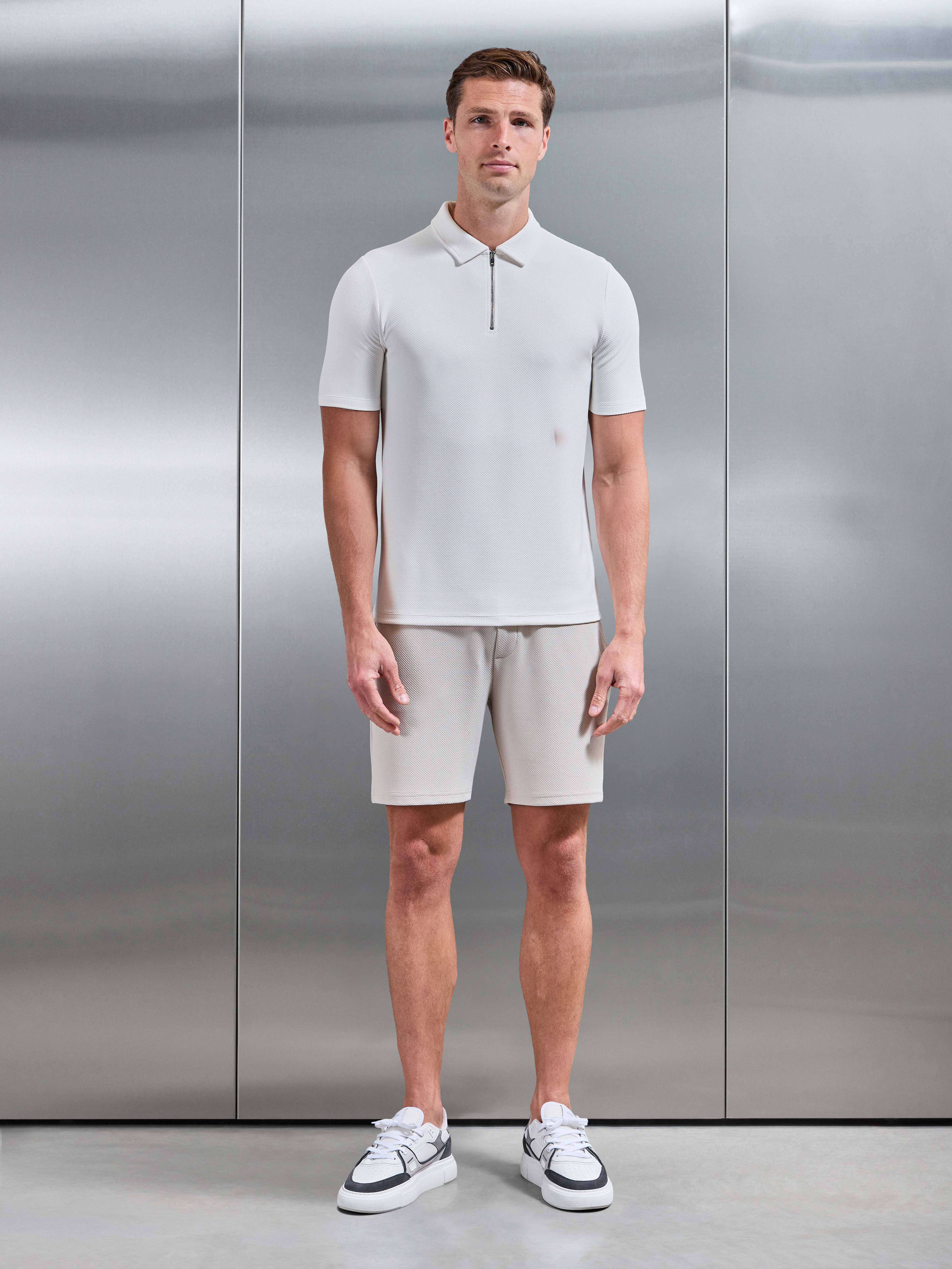 Textured Jersey Zip Polo Shirt in White