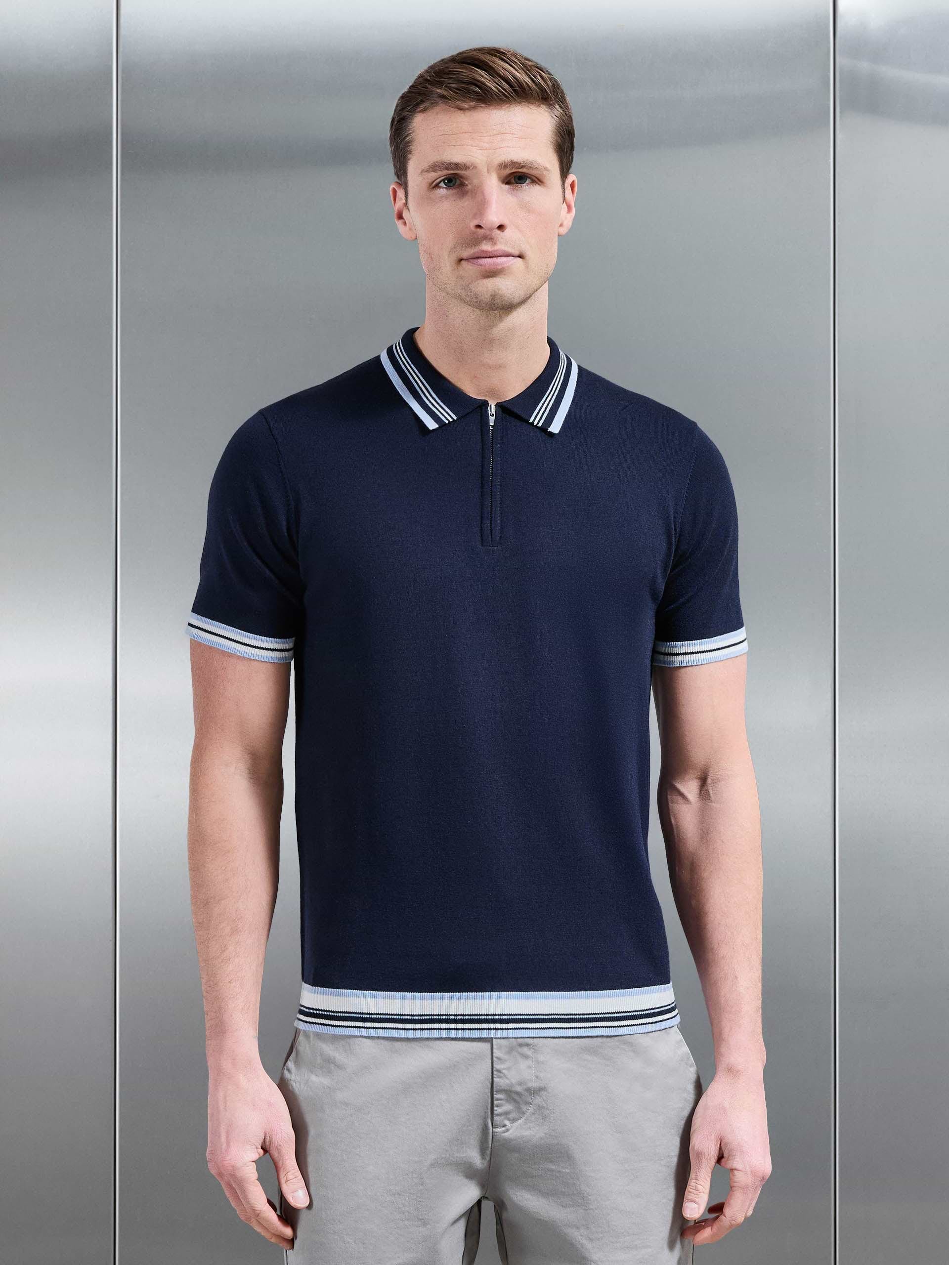 Tipped Knitted Polo Shirt in Navy