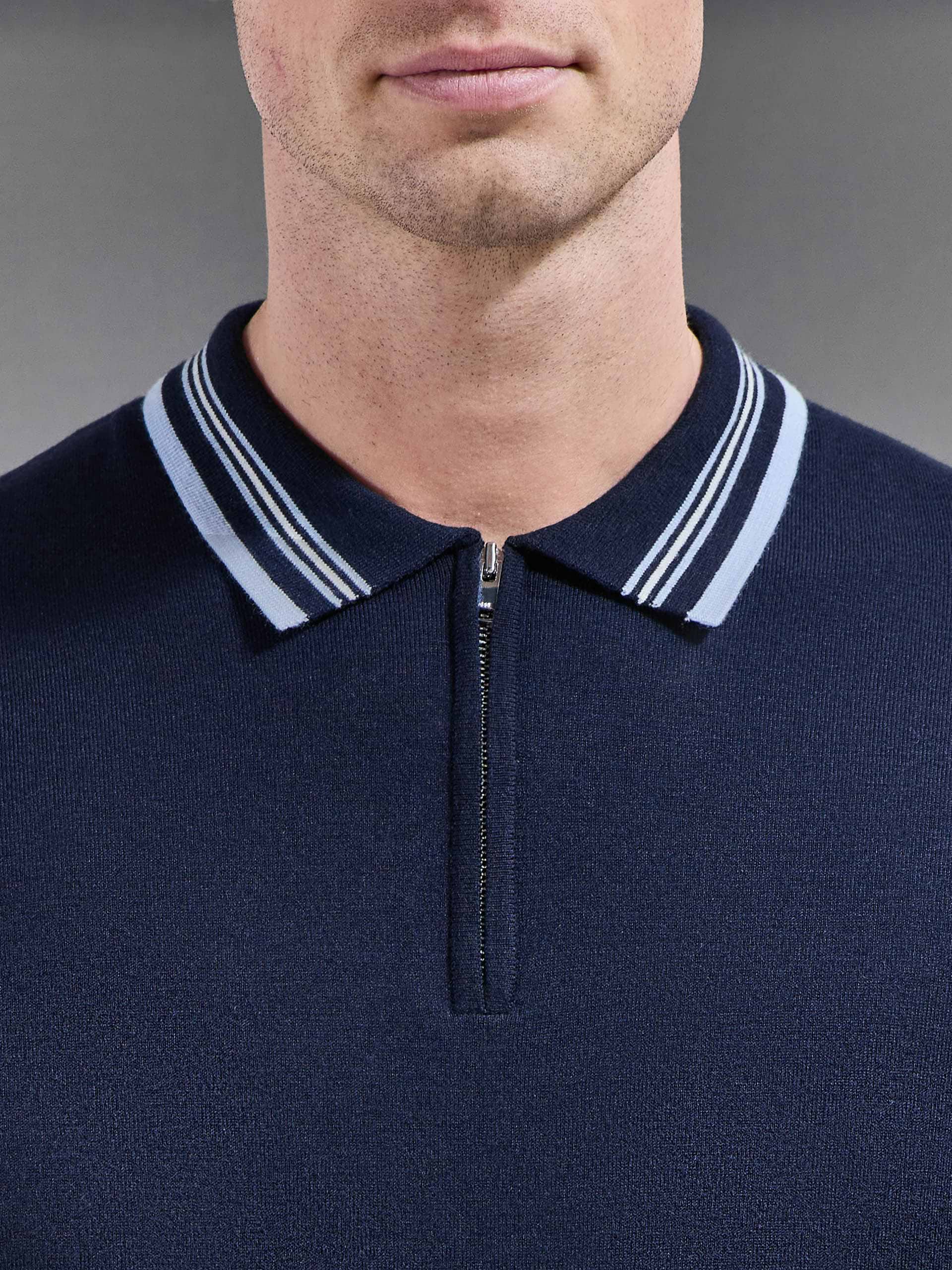 Tipped Knitted Polo Shirt in Navy