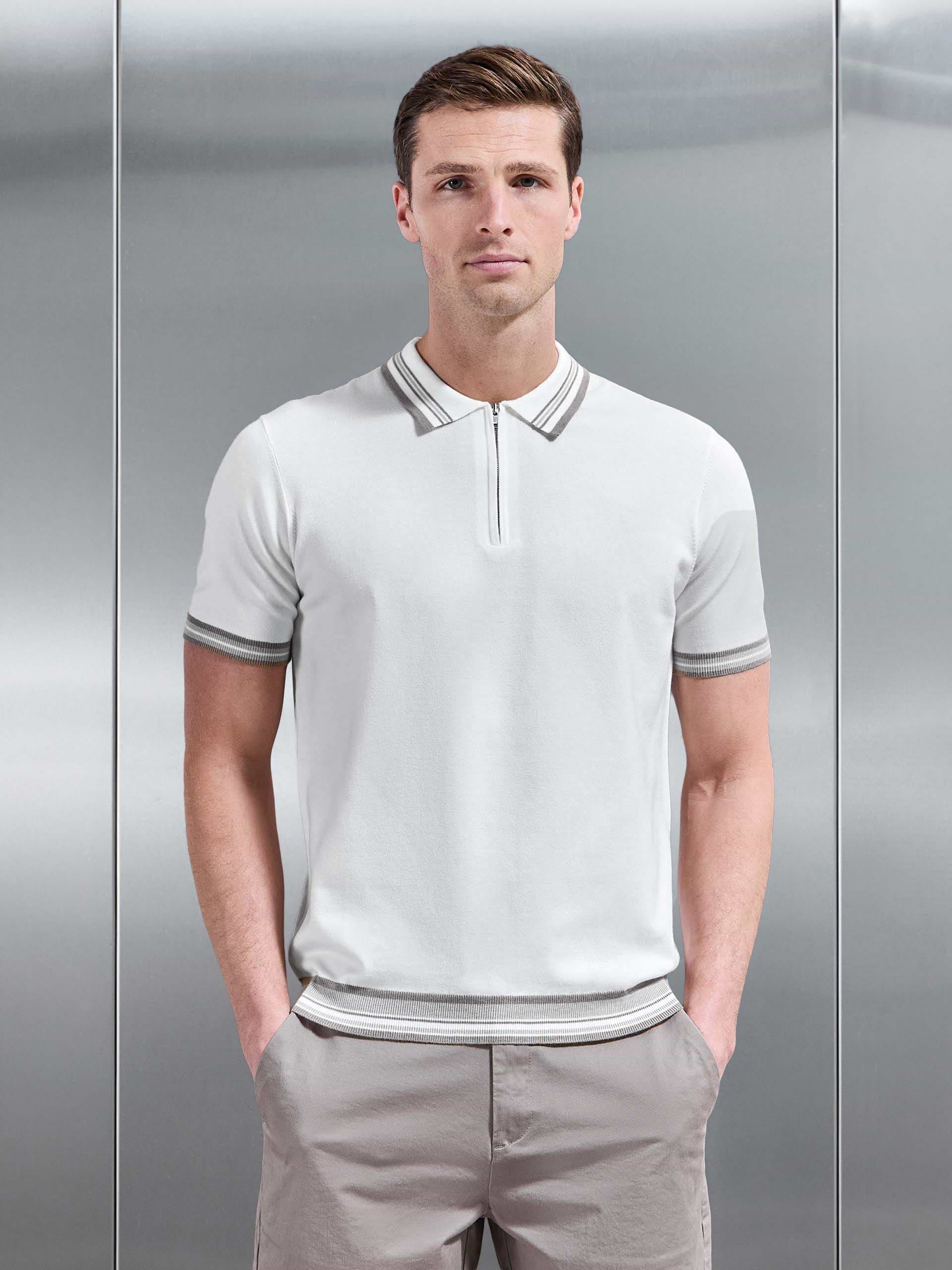 Tipped Knitted Polo Shirt in White