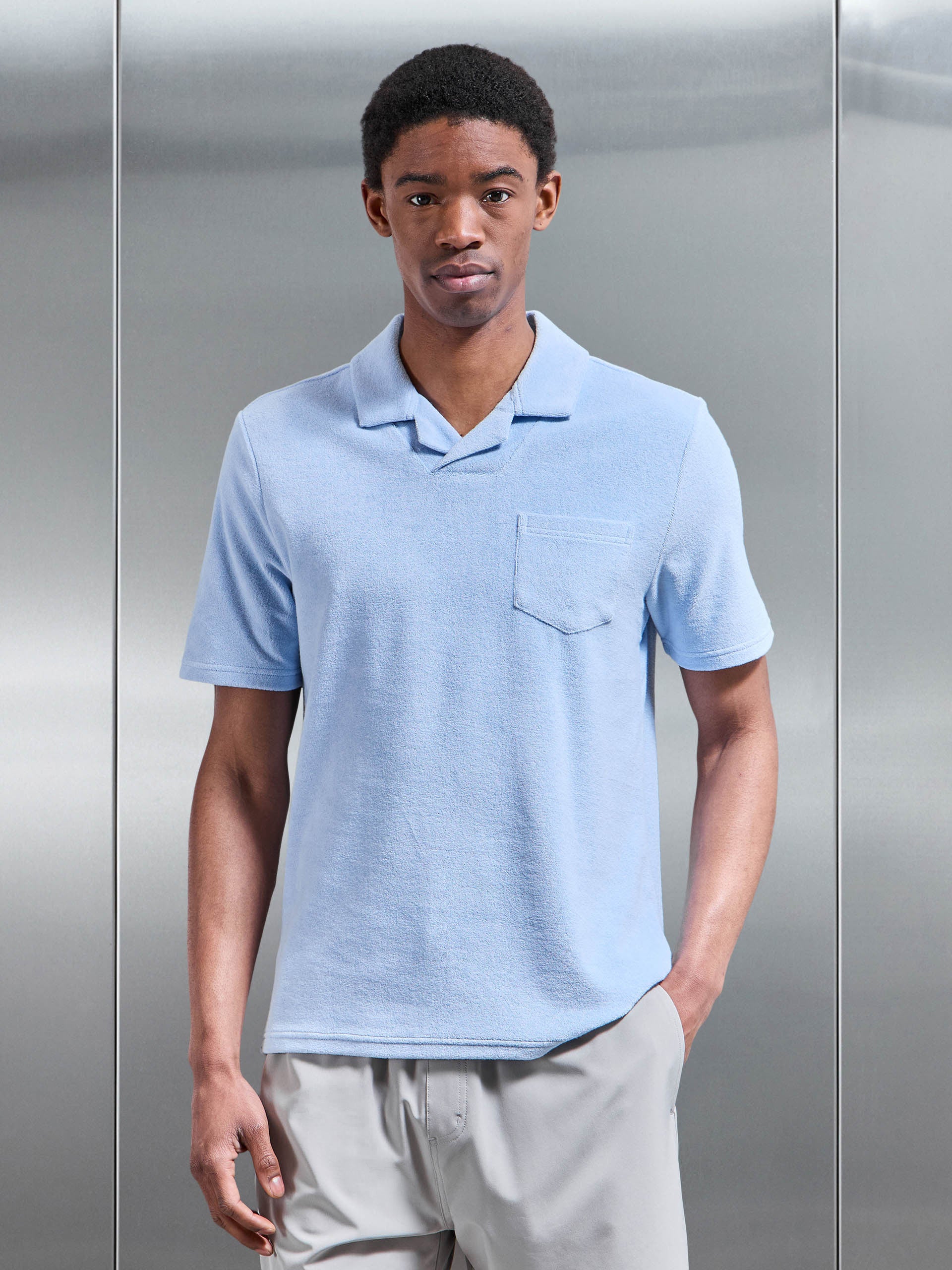 Towelling Revere Collar Polo Shirt in Light Blue