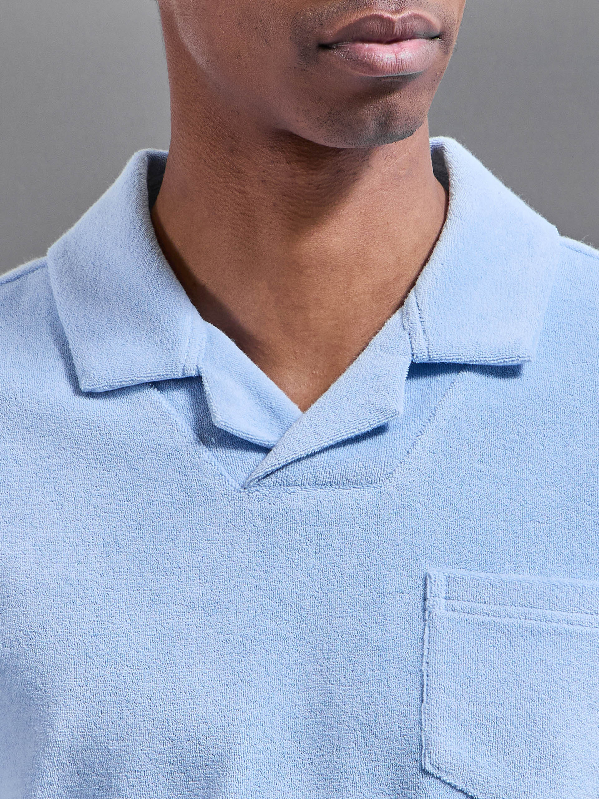Towelling Revere Collar Polo Shirt in Light Blue
