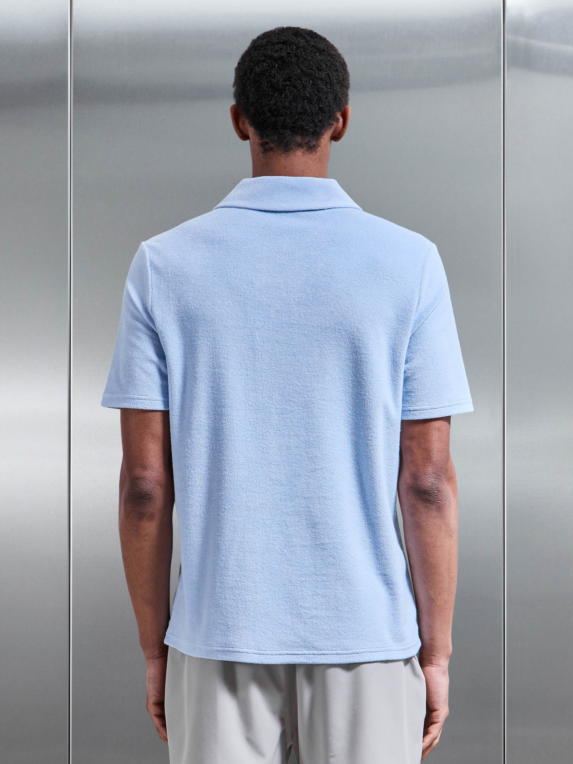 Towelling Revere Collar Polo Shirt in Light Blue