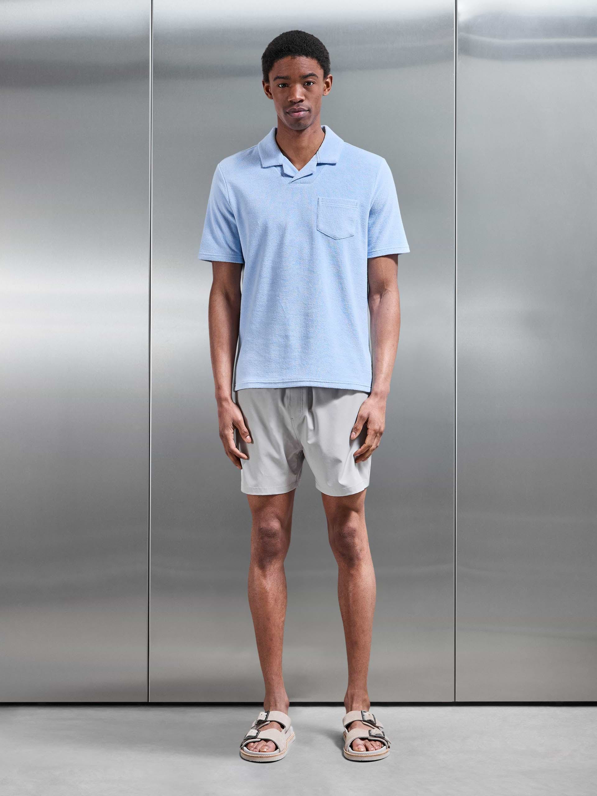 Towelling Revere Collar Polo Shirt in Light Blue