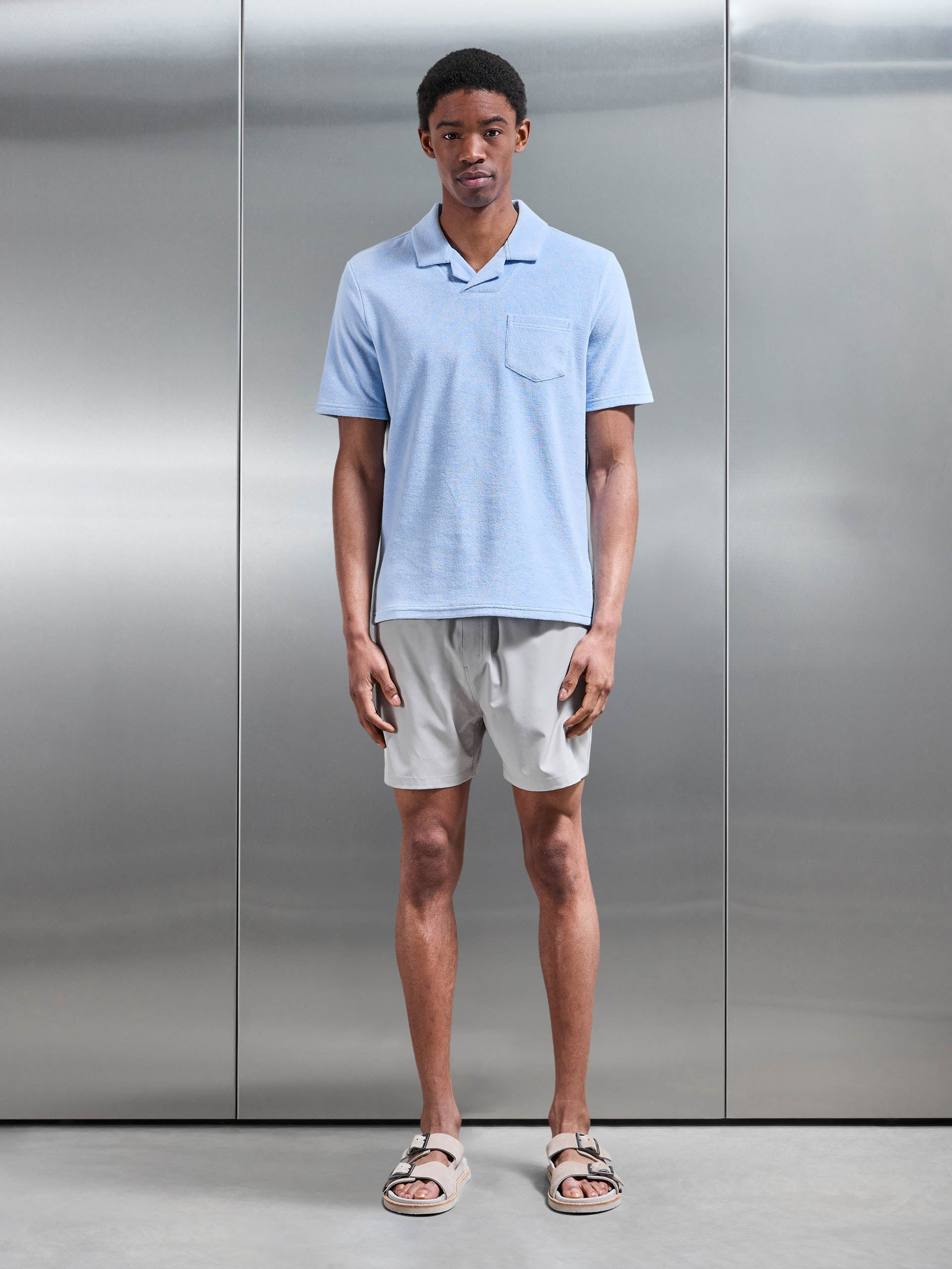 Towelling Revere Collar Polo Shirt in Light Blue