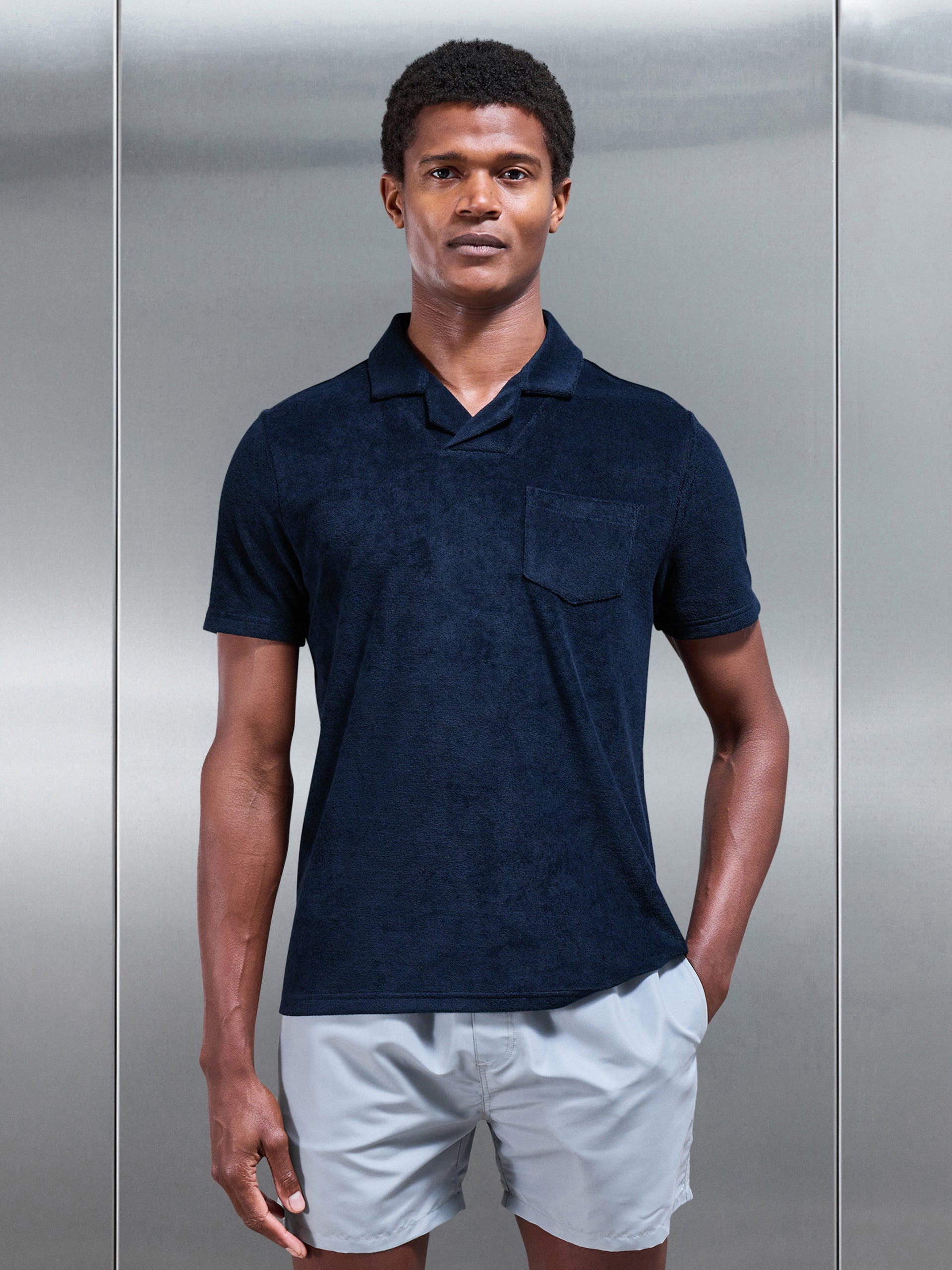 Towelling Revere Collar Polo Shirt in Navy