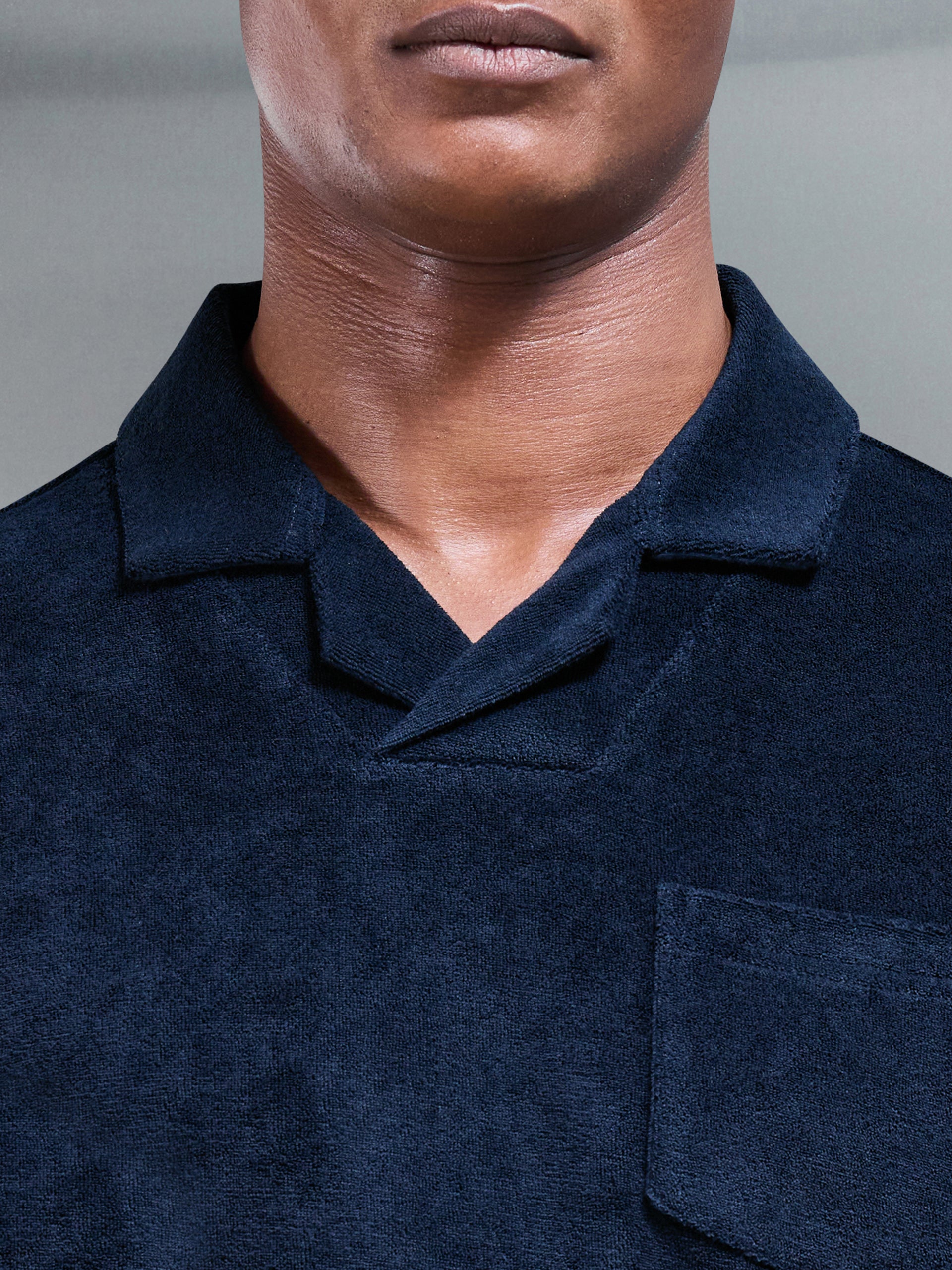 Towelling Revere Collar Polo Shirt in Navy
