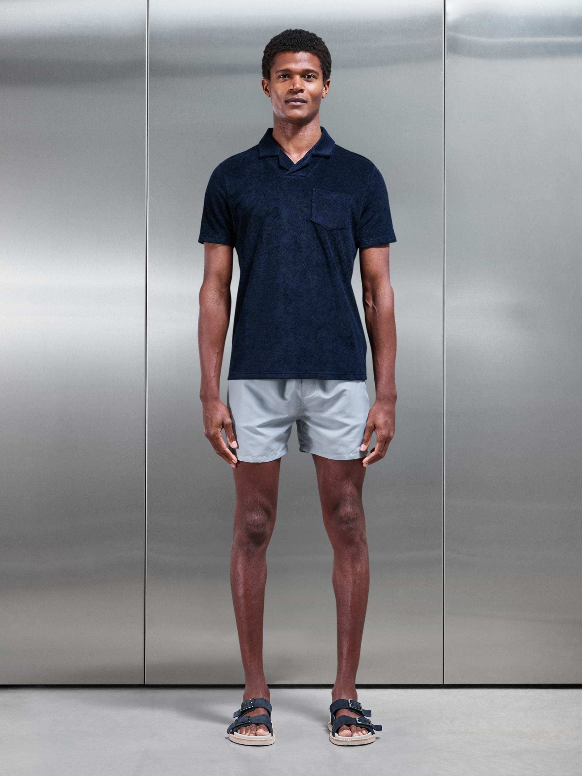 Towelling Revere Collar Polo Shirt in Navy