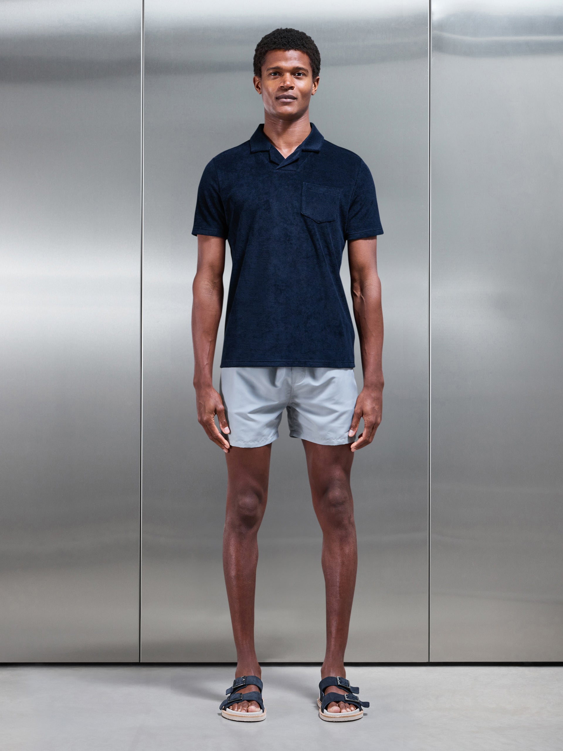Towelling Revere Collar Polo Shirt in Navy