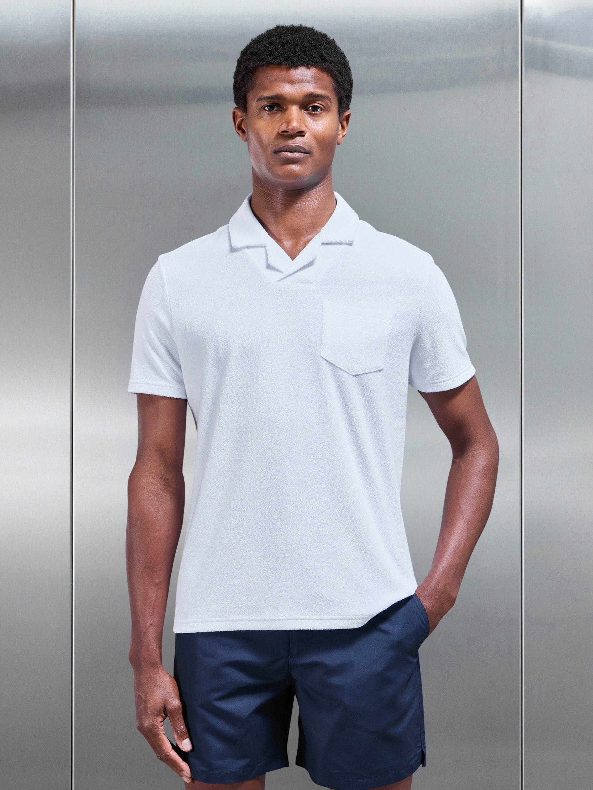 Towelling Revere Collar Polo Shirt in White