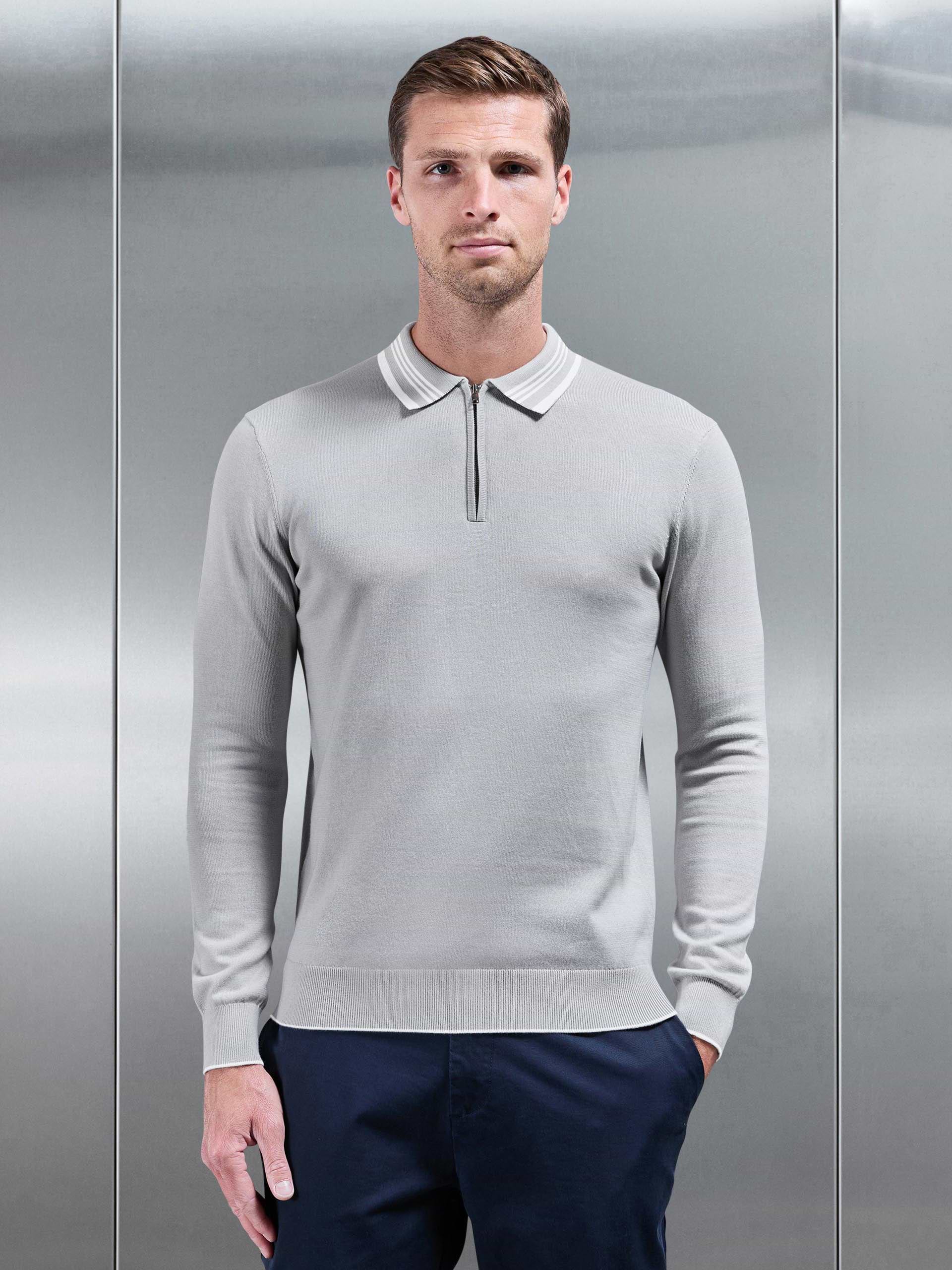 Tipped Knitted Long Sleeve Polo Shirt in Mid Grey White