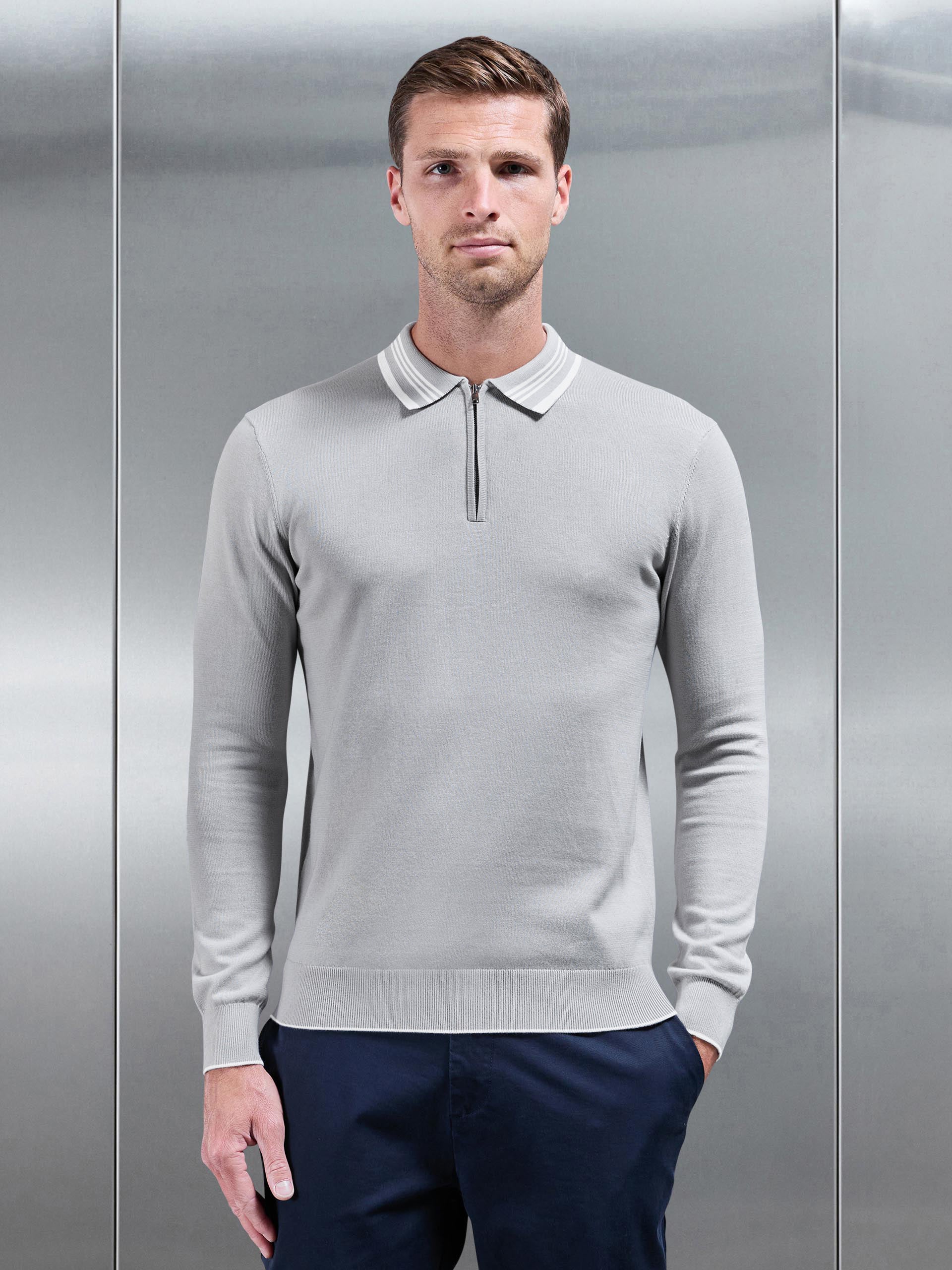 Tipped Knitted Long Sleeve Polo Shirt in Mid Grey White