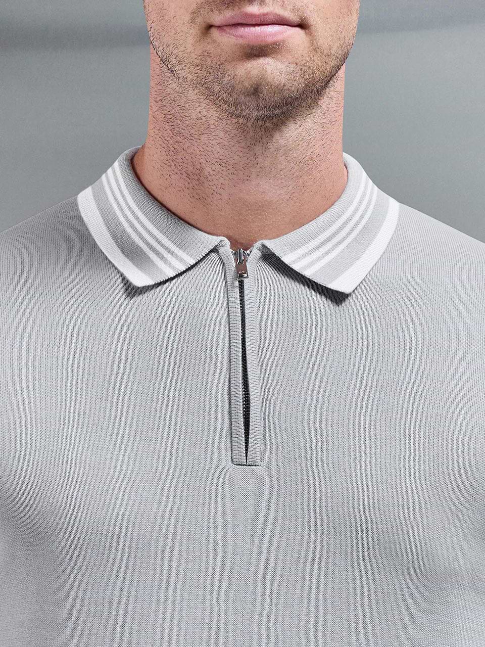 Tipped Knitted Long Sleeve Polo Shirt in Mid Grey White