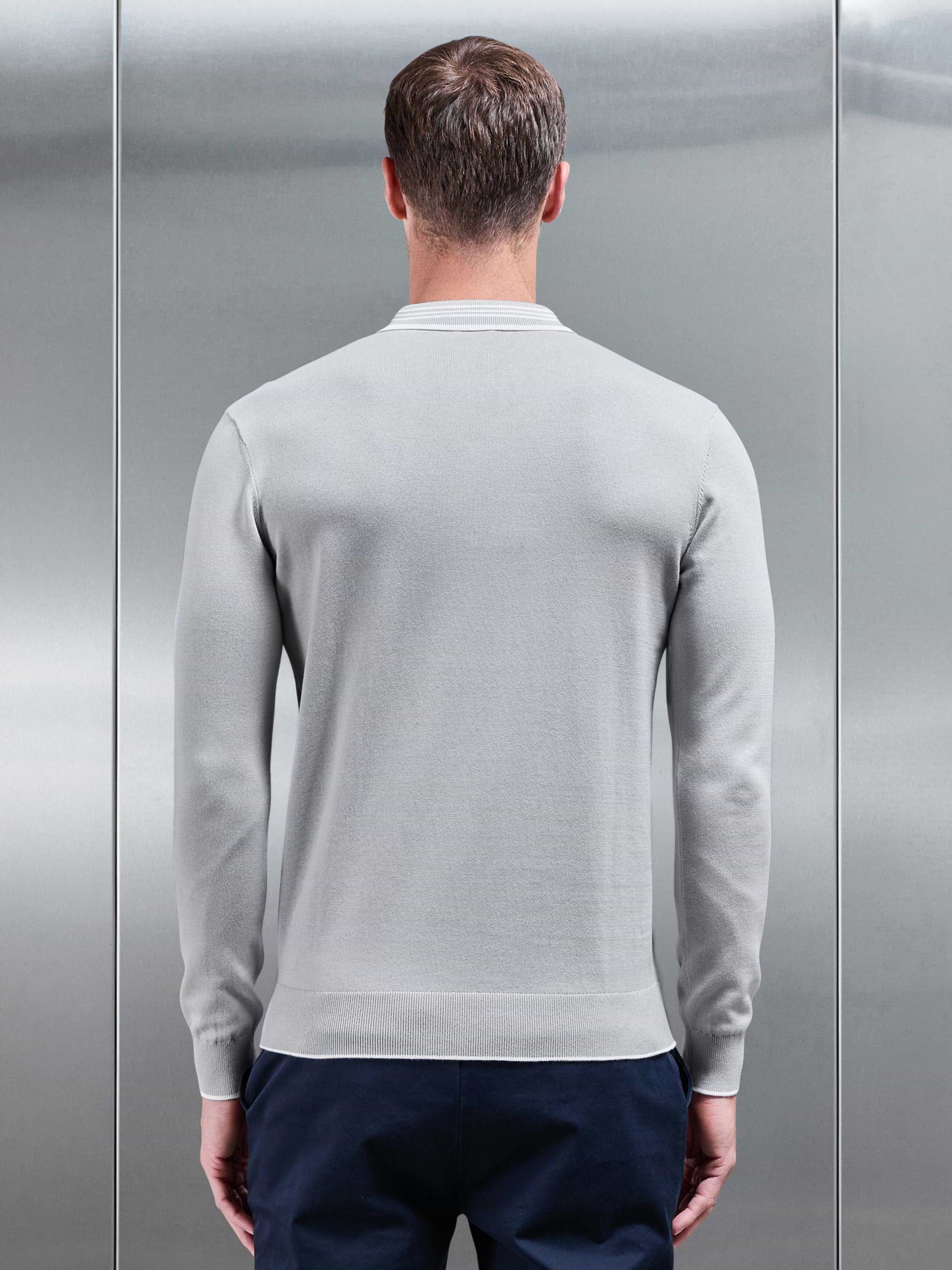 Tipped Knitted Long Sleeve Polo Shirt in Mid Grey White