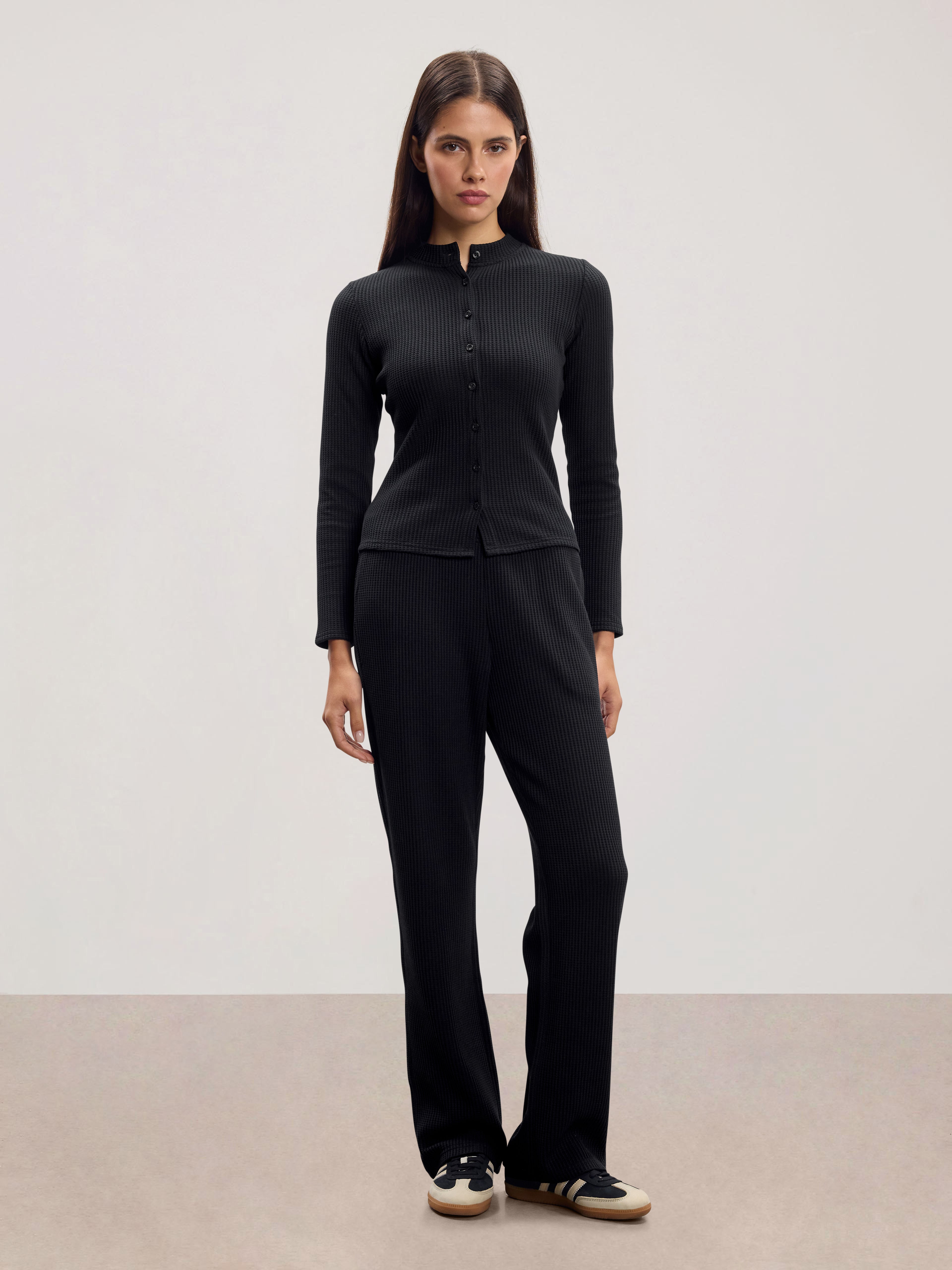 Womens Waffle Button Through Cardigan in Black
