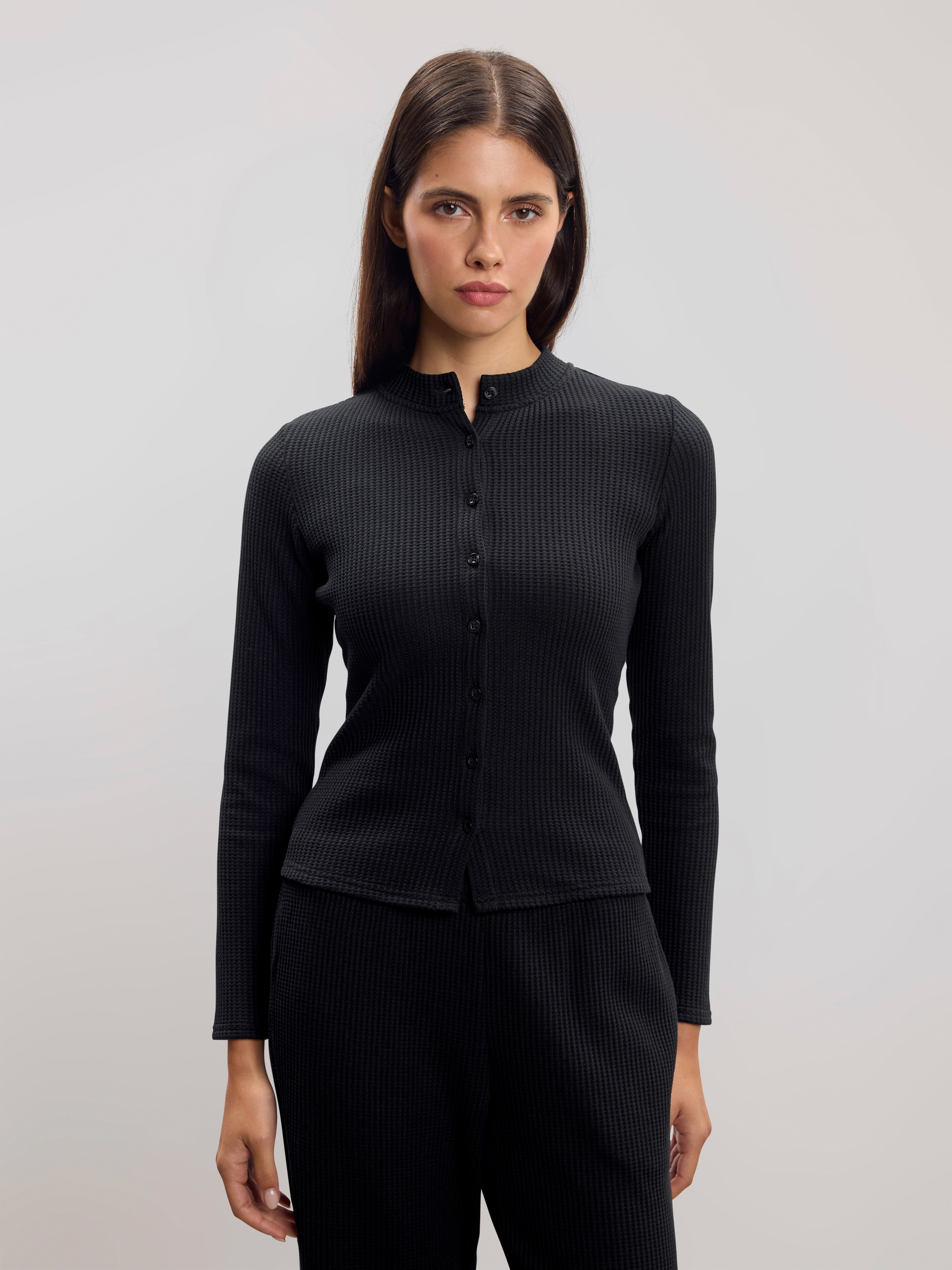 Womens Waffle Button Through Cardigan in Black