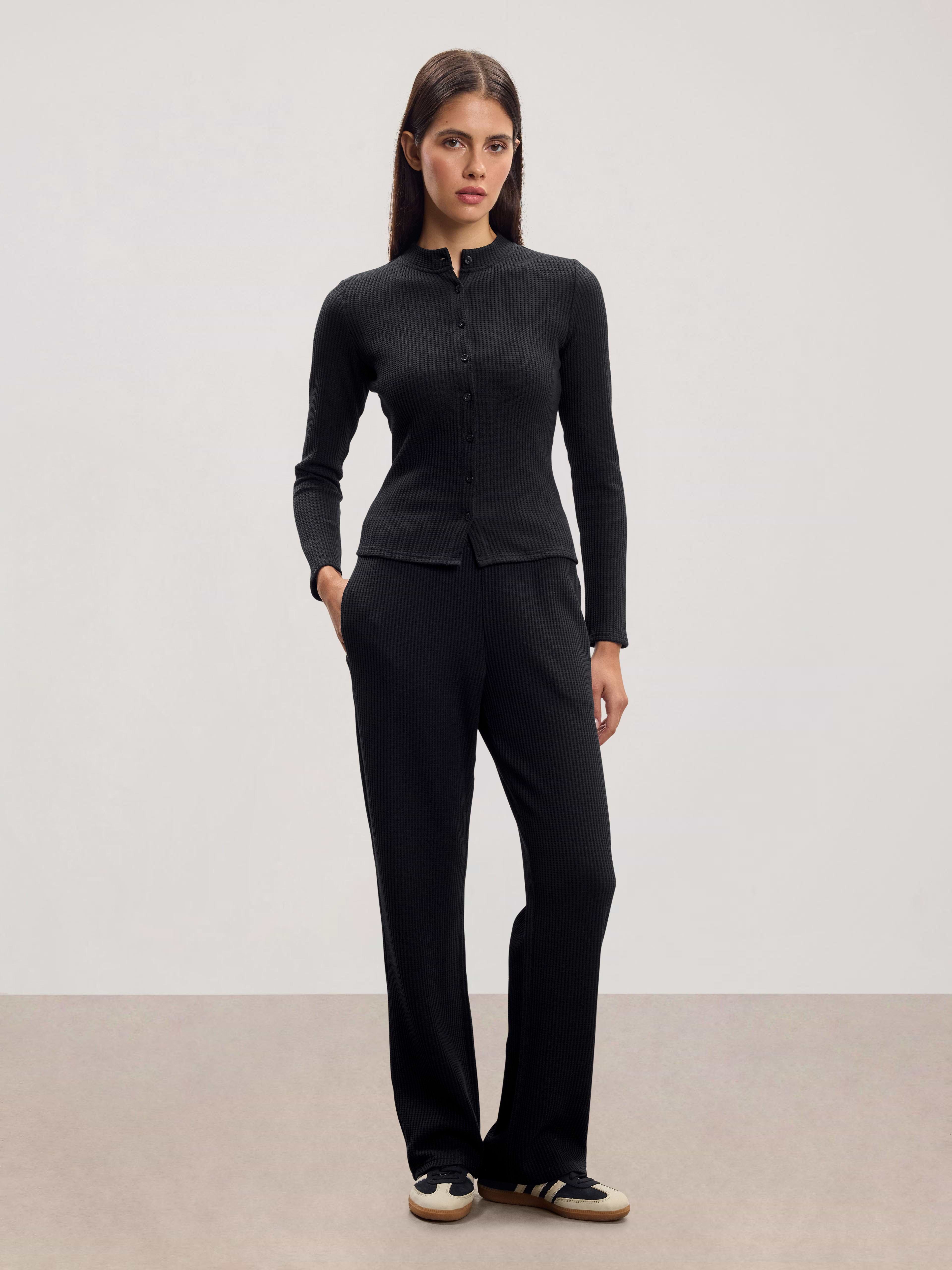 Womens Waffle Straight Leg Trouser in Black