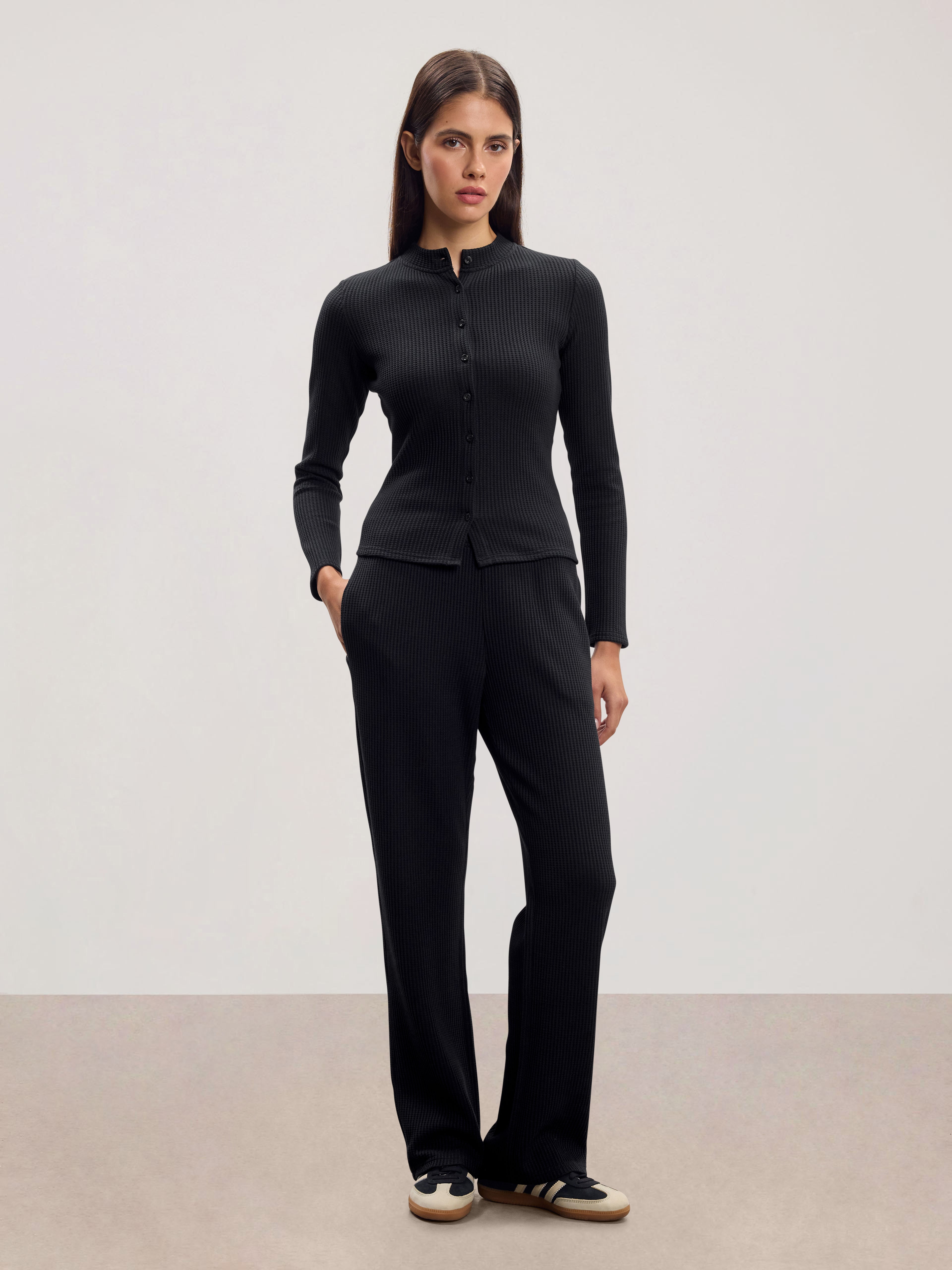 Womens Waffle Straight Leg Trouser in Black
