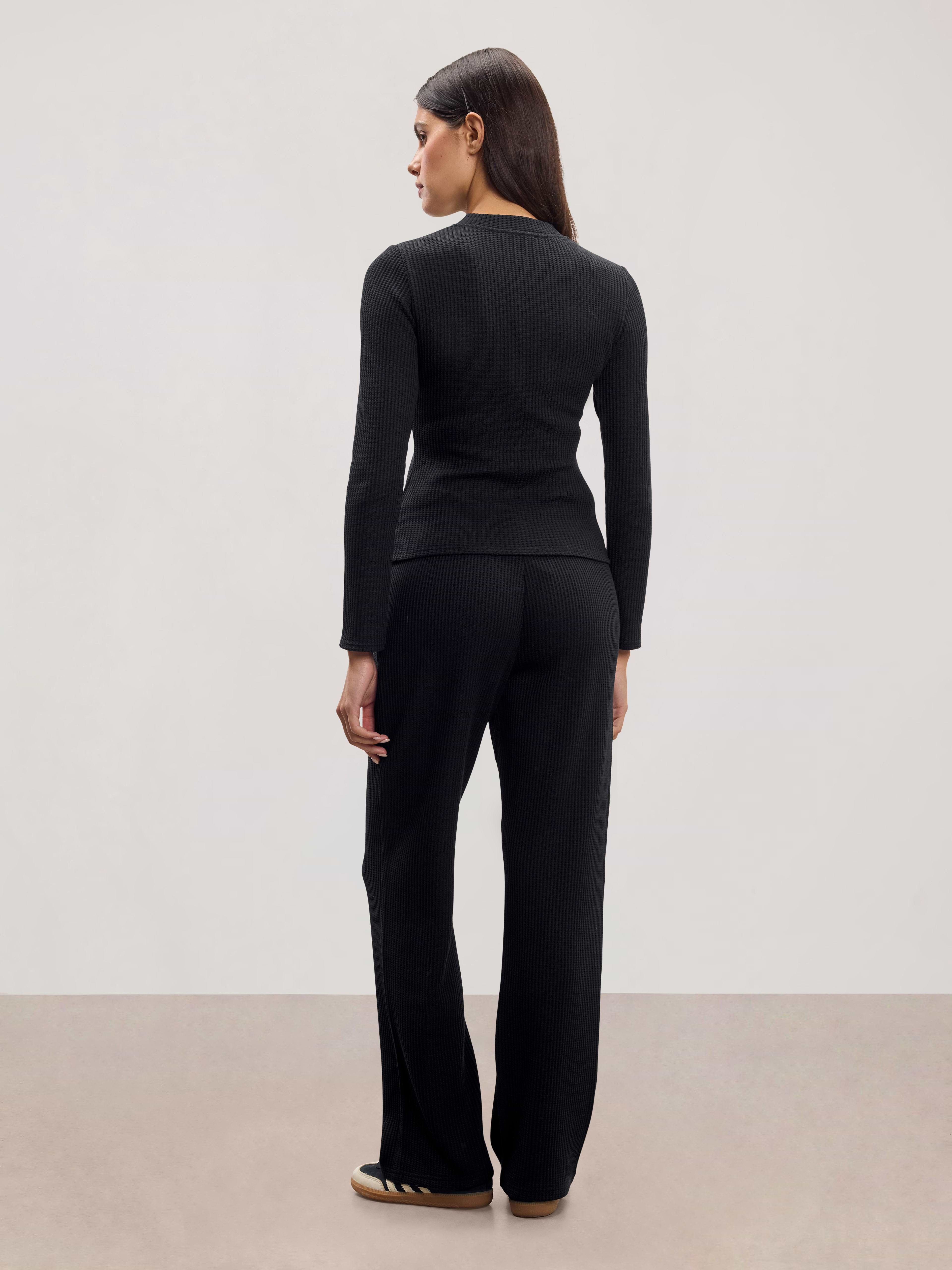 Womens Waffle Straight Leg Trouser in Black