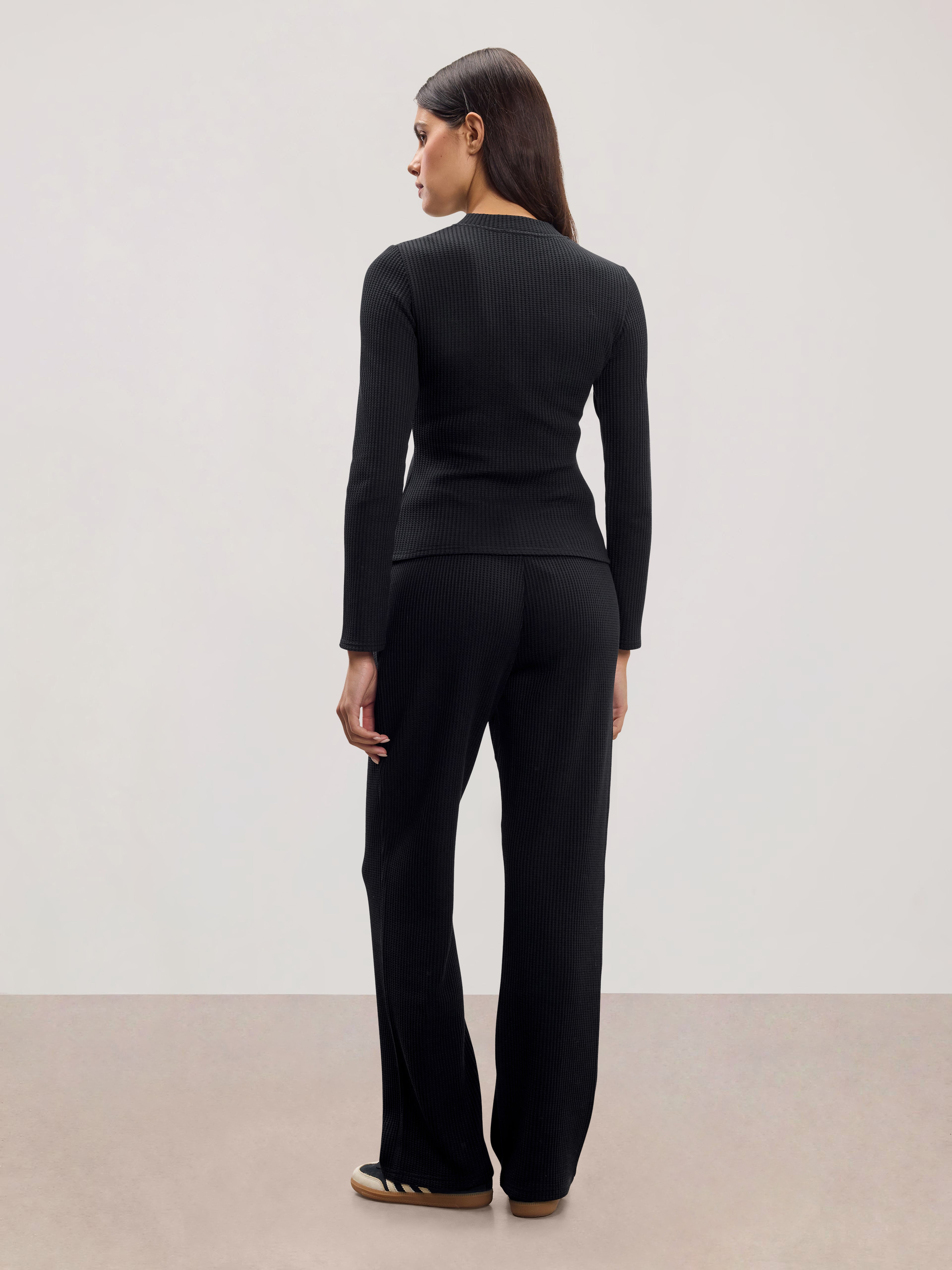 Womens Waffle Straight Leg Trouser in Black