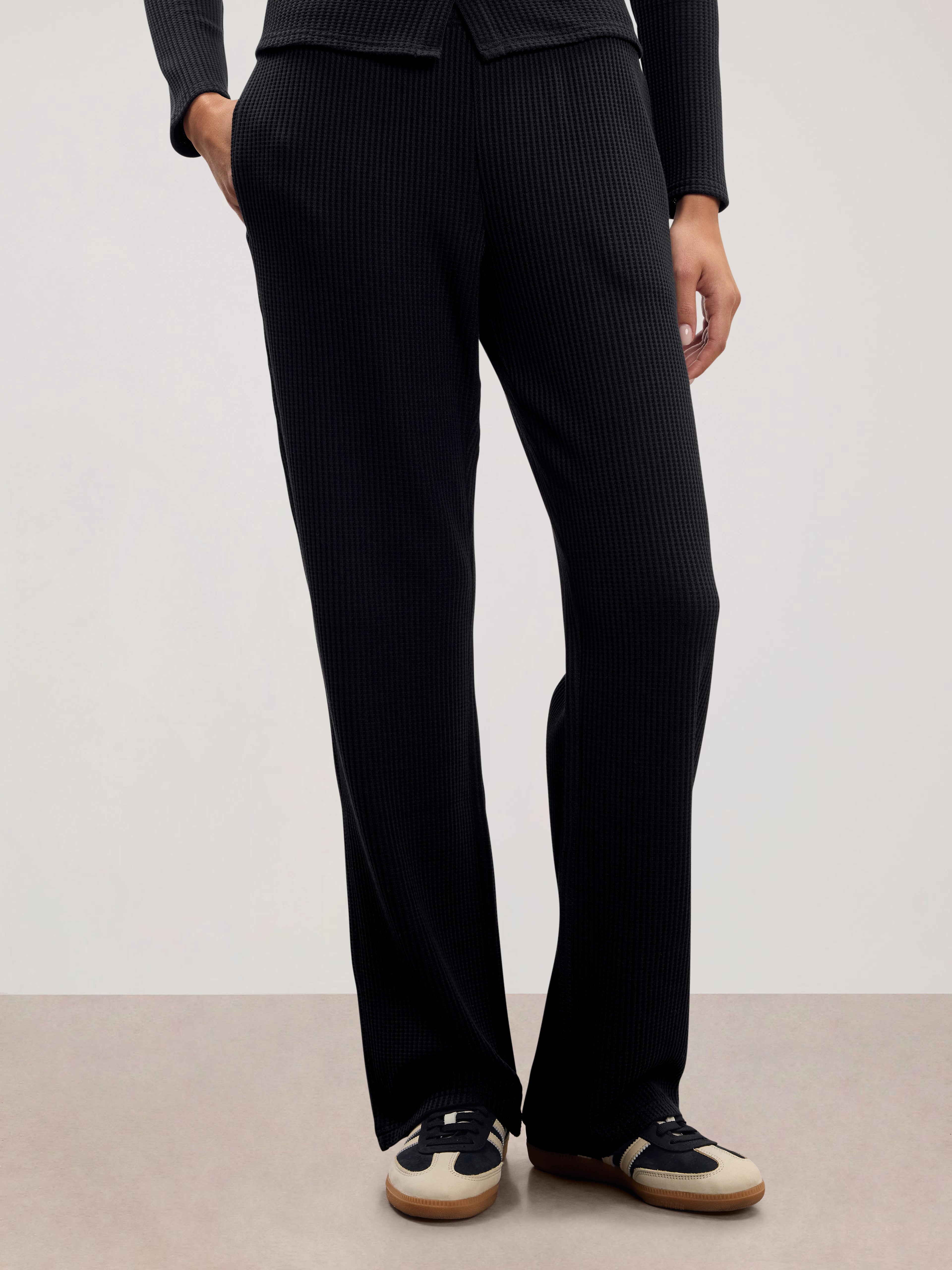 Womens Waffle Straight Leg Trouser in Black