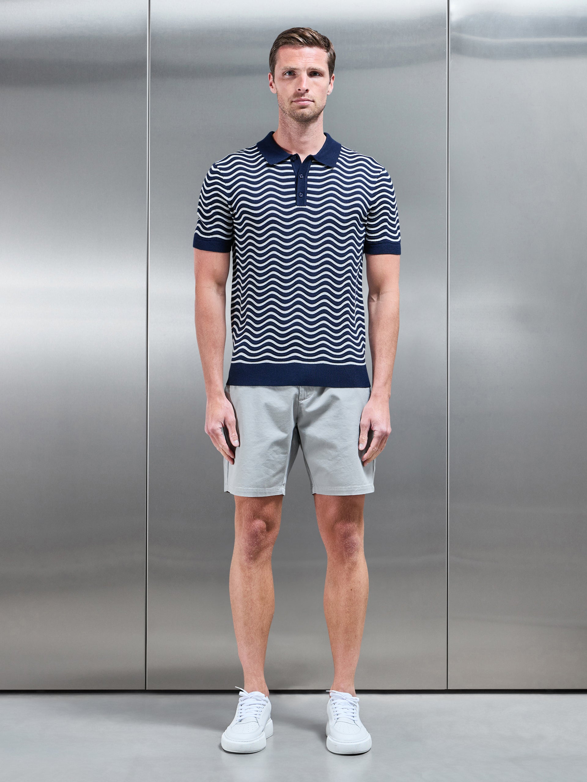 Wave Knitted Button Polo Shirt in Navy Mid Grey