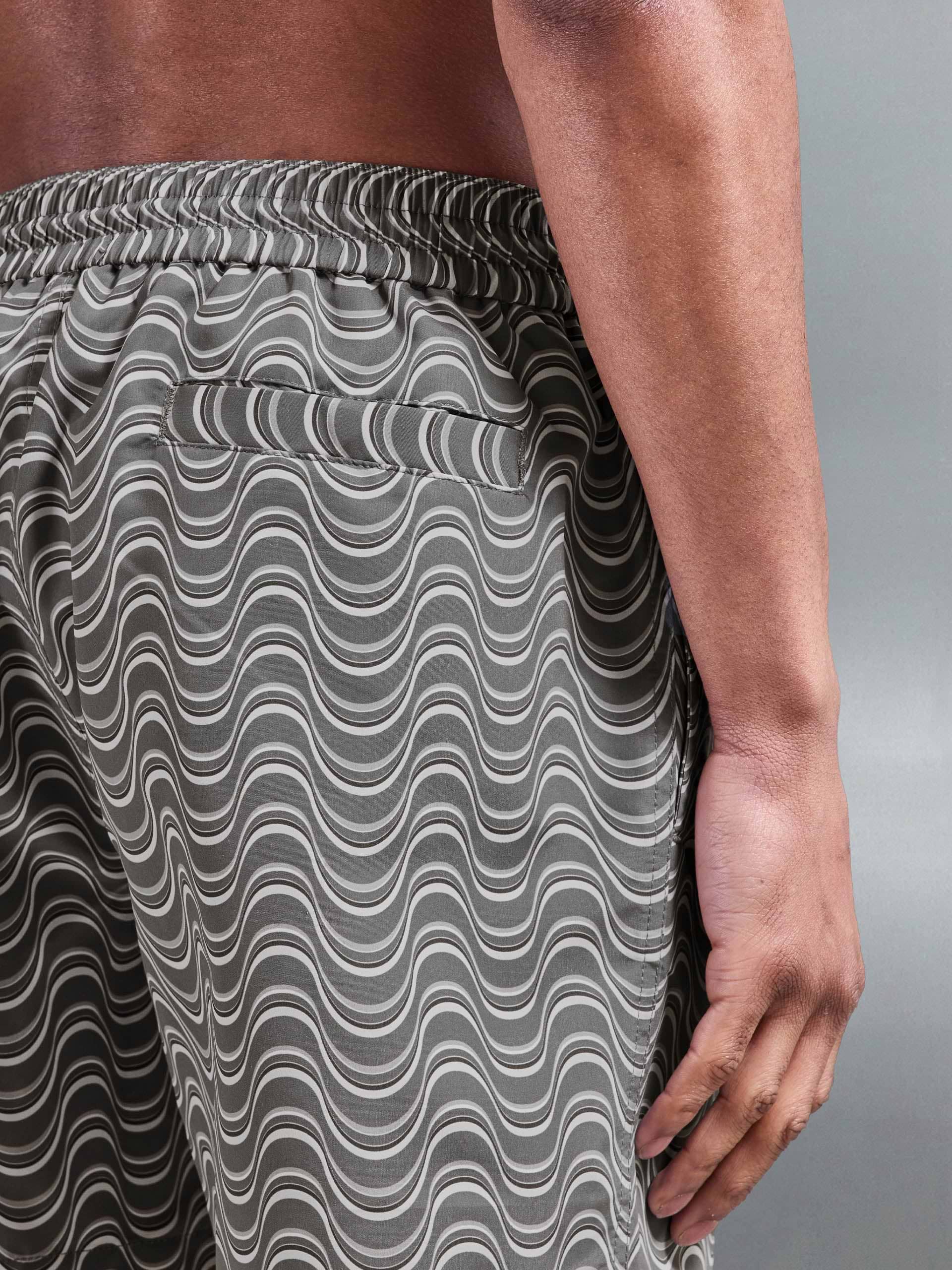 Wave Printed Drawstring Swim Short in Grey