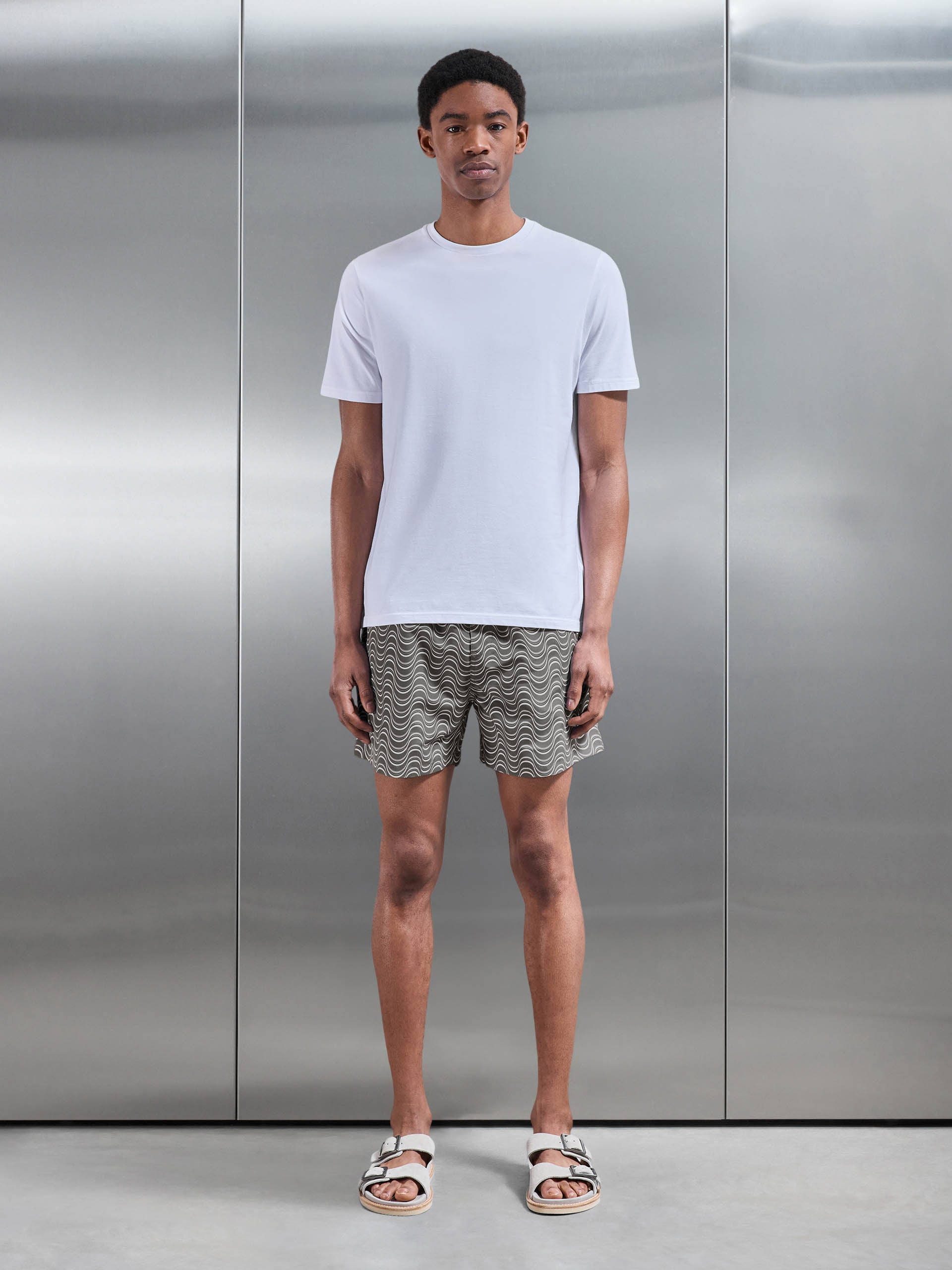 Wave Printed Drawstring Swim Short in Grey