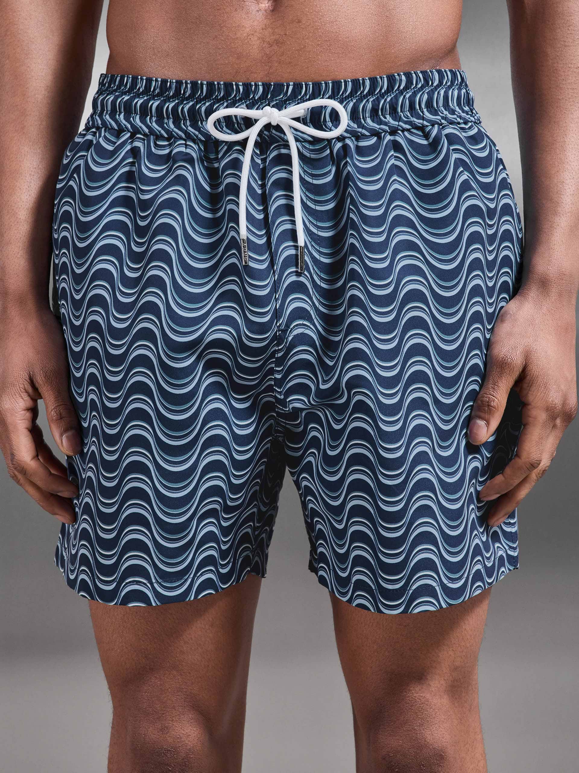Wave Printed Drawstring Swim Short in Navy