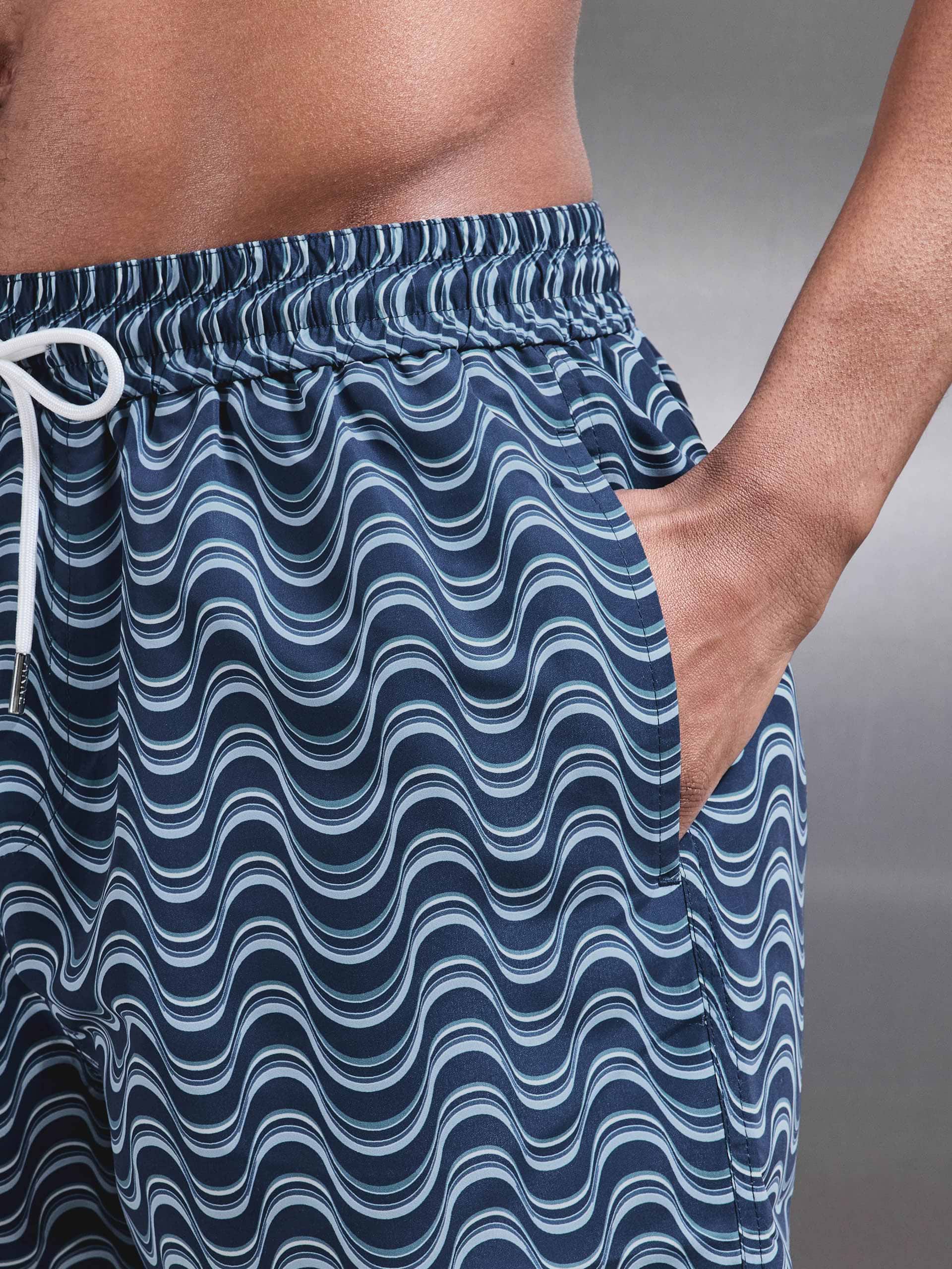 Wave Printed Drawstring Swim Short in Navy