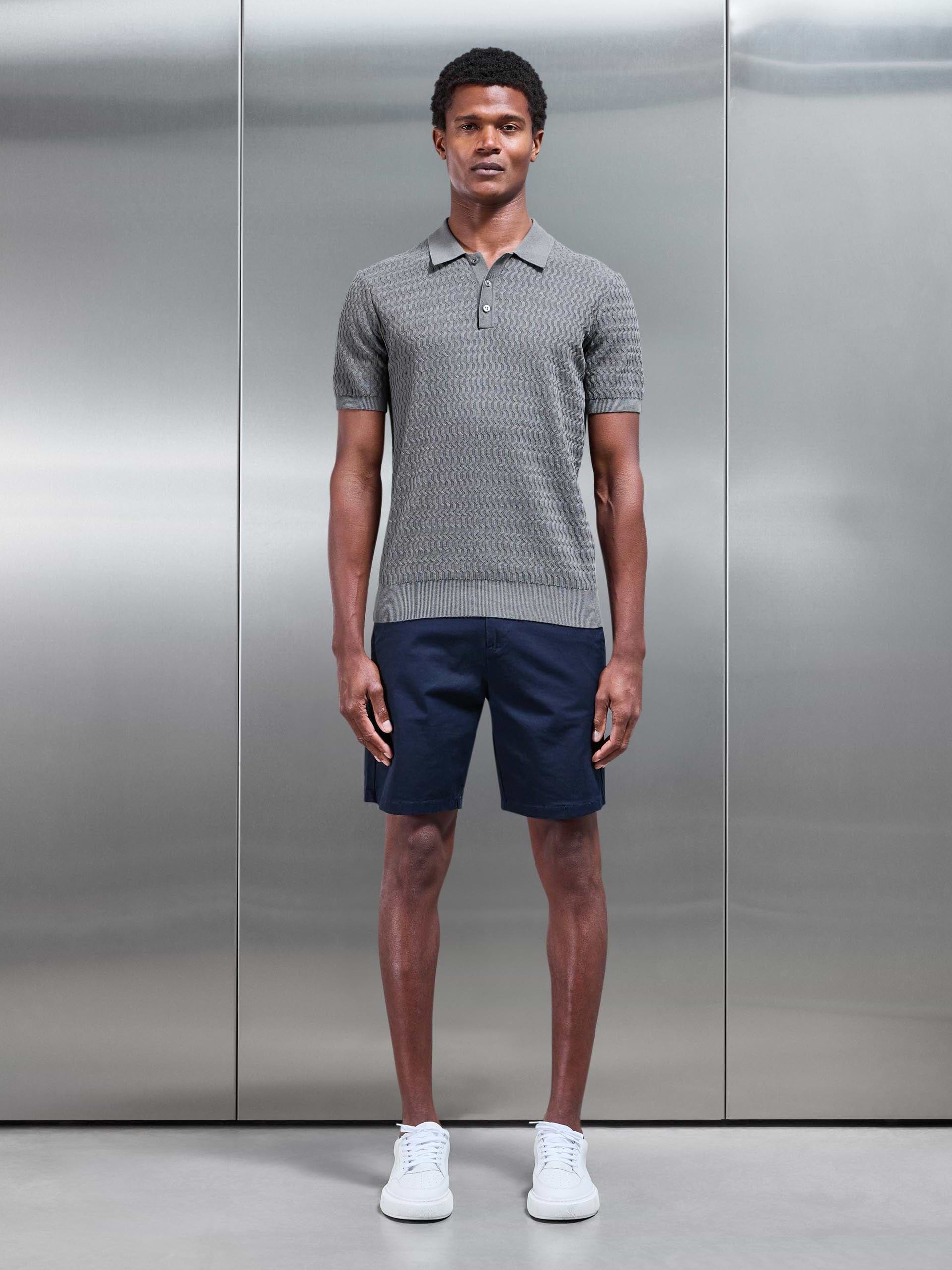 Wave Textured Knitted Button Polo Shirt in Sage