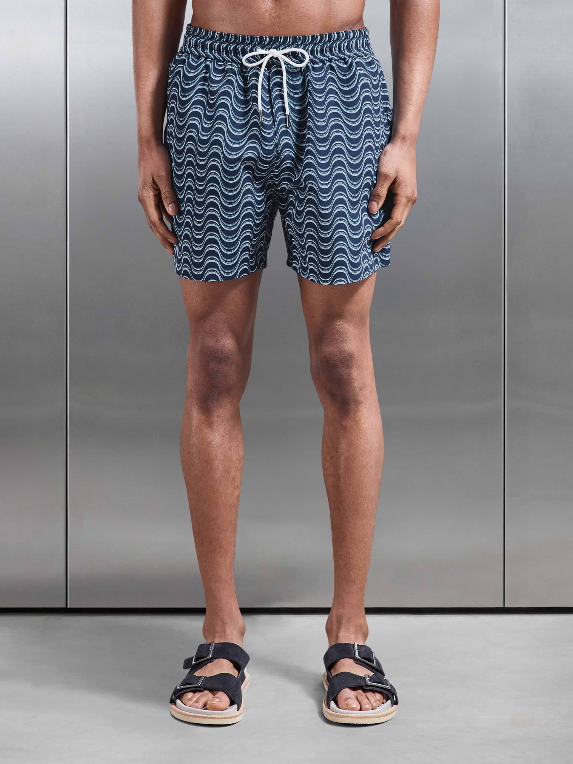 Wave Printed Drawstring Swim Short in Navy