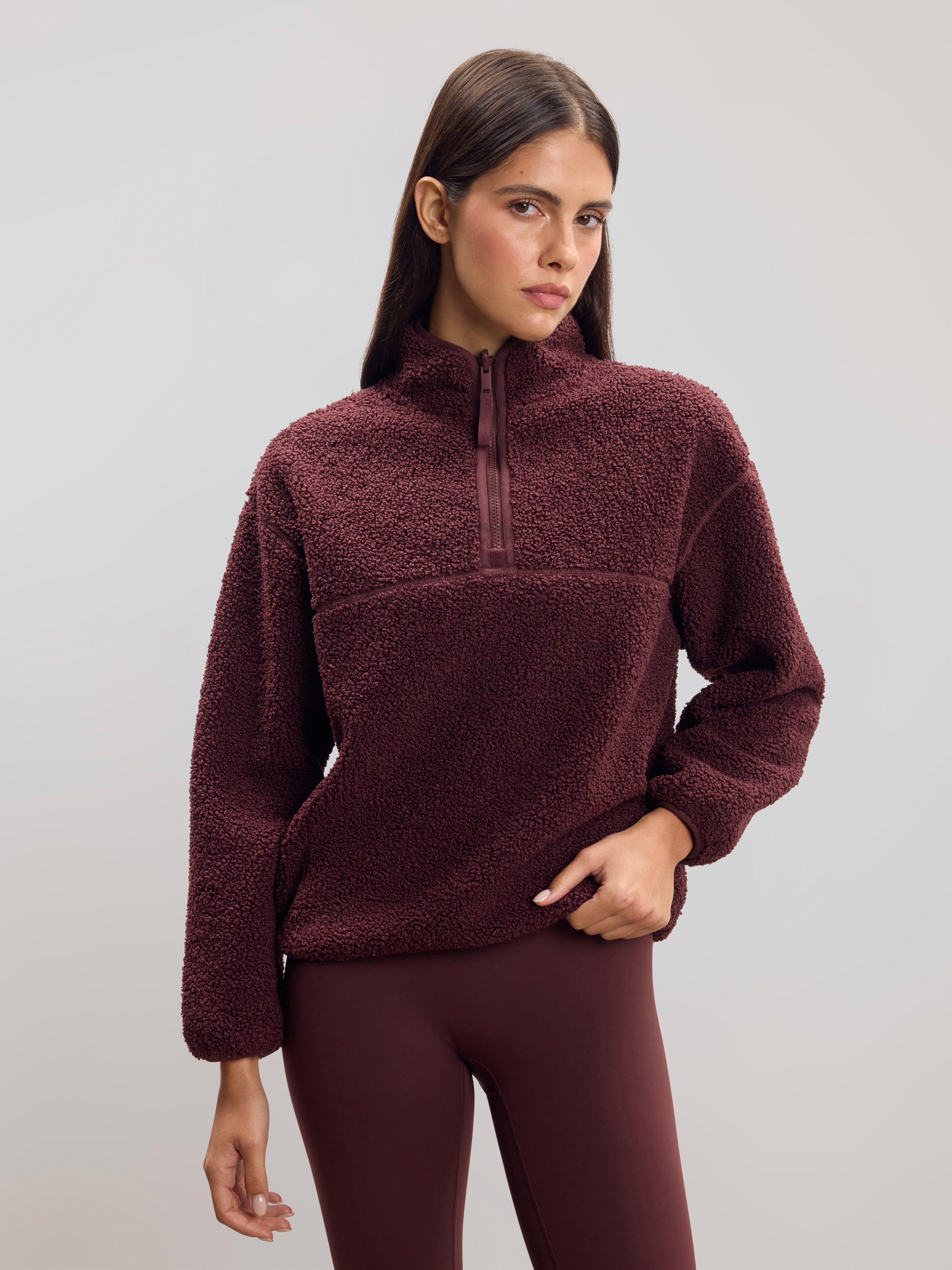 Womens Reversible Sherpa Fleece Half Zip in Burgundy