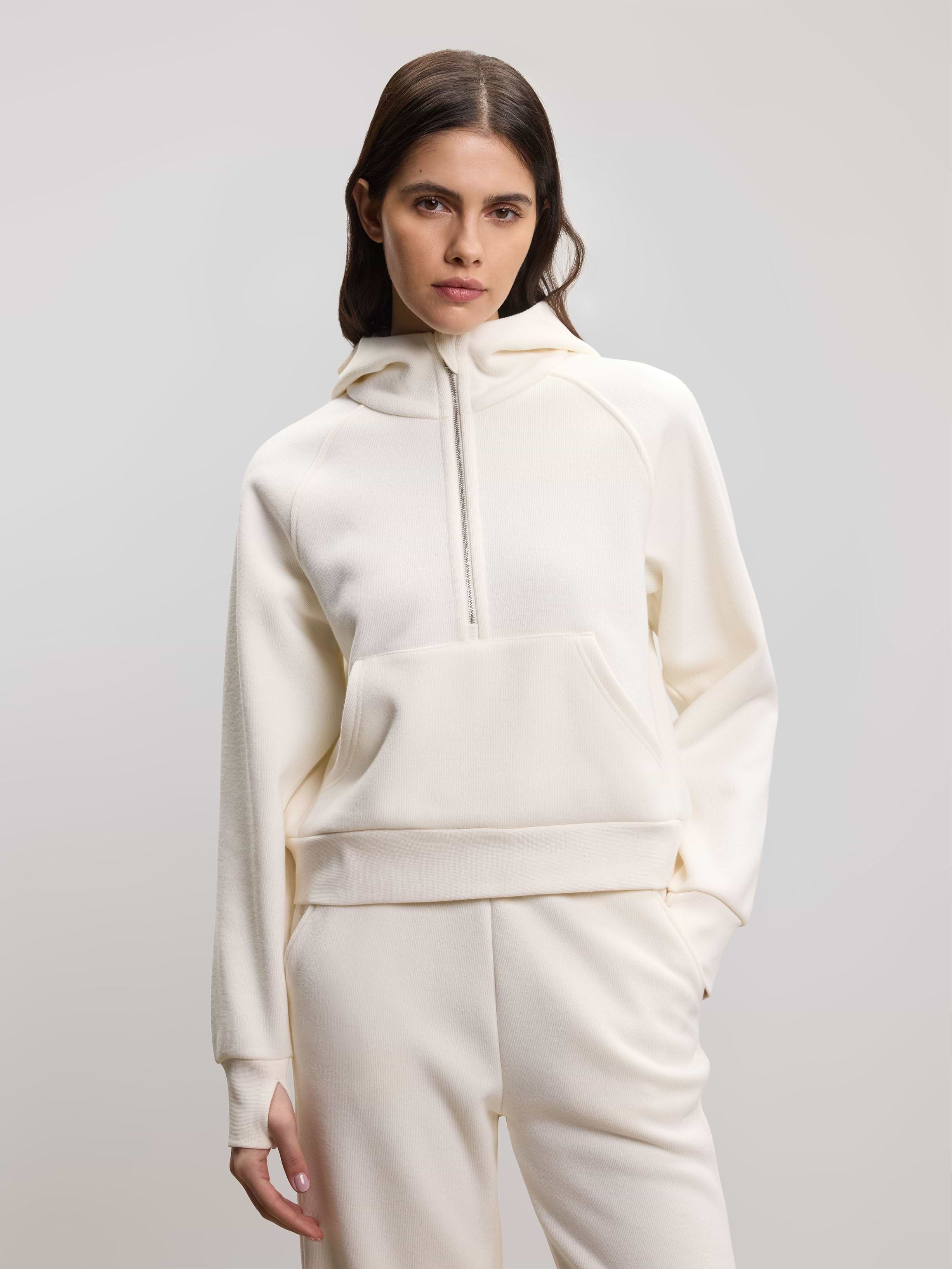 Womens Cosy Fleece Half Zip Hoodie in Ecru