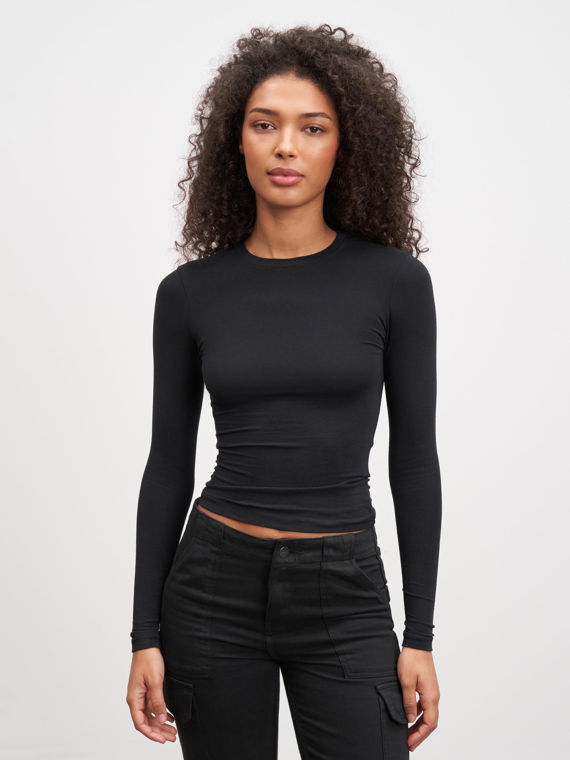 Womens Cotton Jersey Long Sleeve T-Shirt in Black