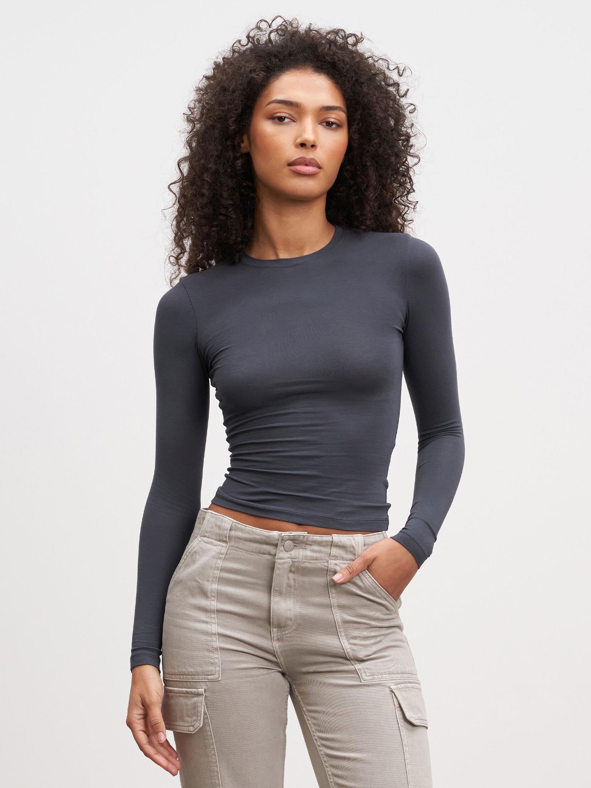 Womens Cotton Jersey Long Sleeve T-Shirt in Slate Blue