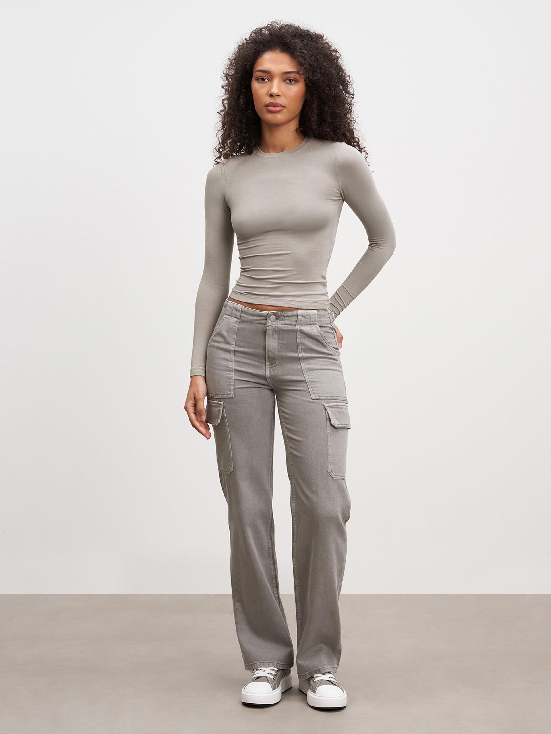 Womens Cotton Jersey Long Sleeve T-Shirt in Stone