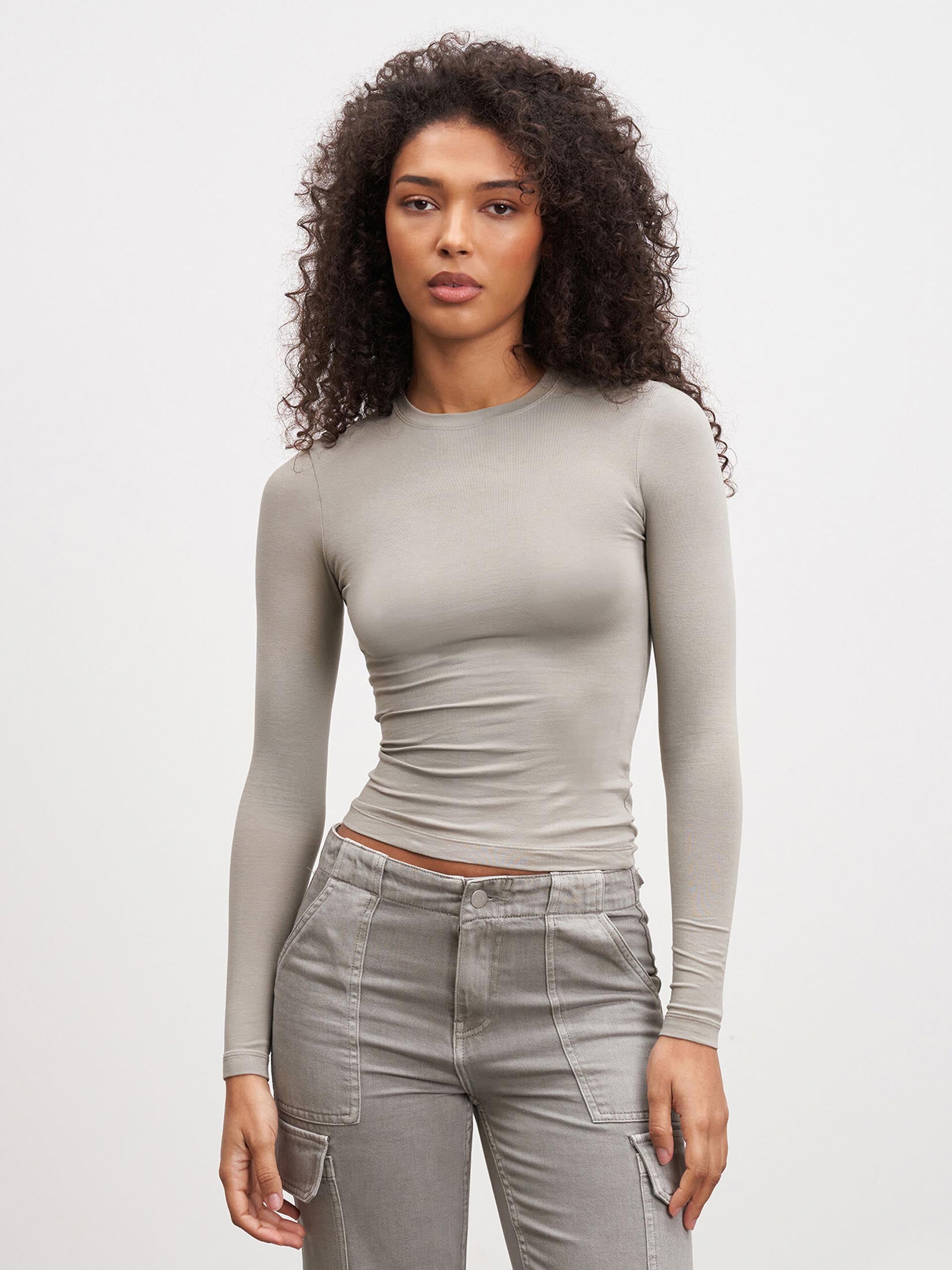 Womens Cotton Jersey Long Sleeve T-Shirt in Stone