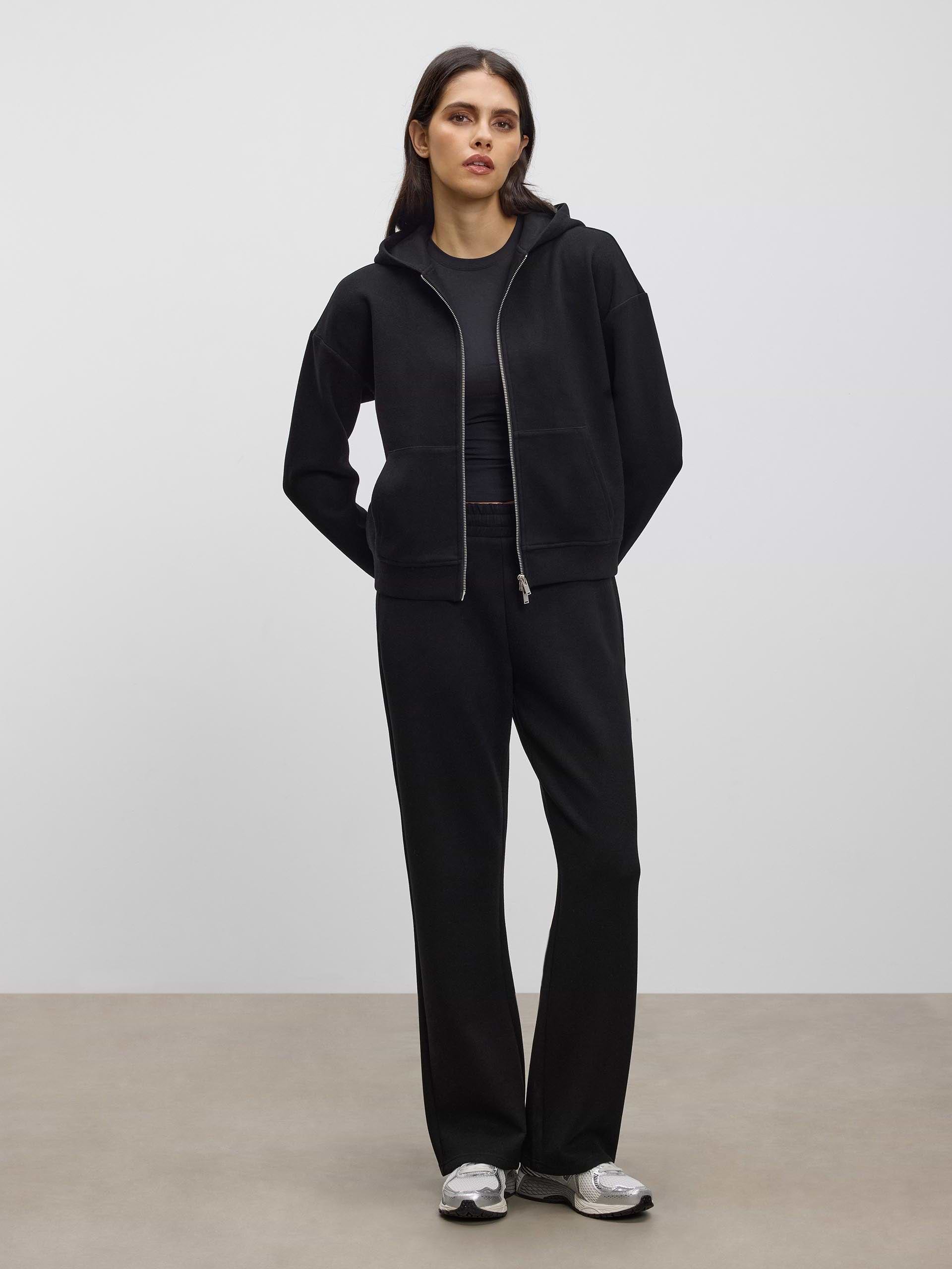 Womens Knitted Relaxed Zip Hoodie in Black