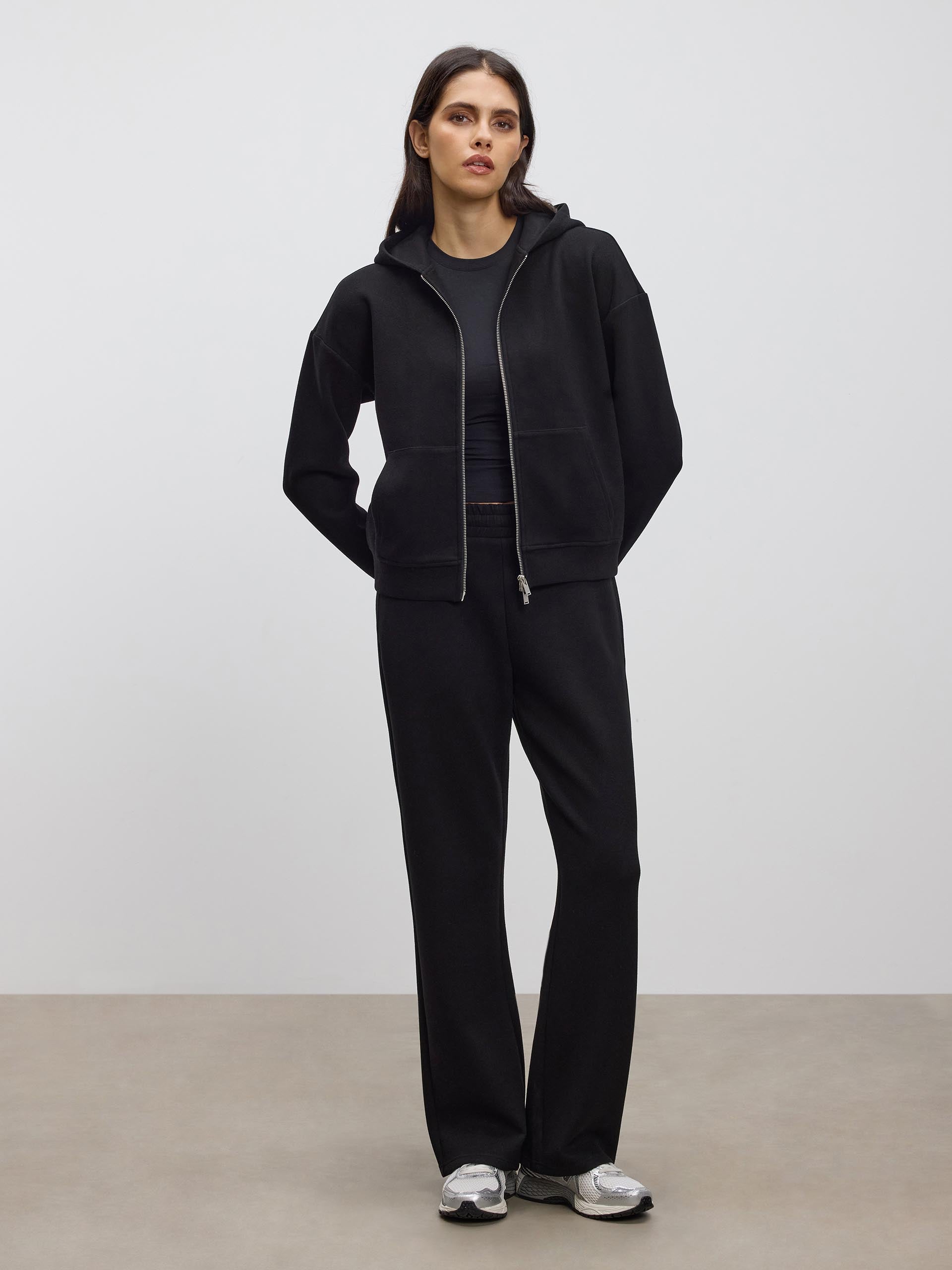 Womens Knitted Relaxed Zip Hoodie in Black