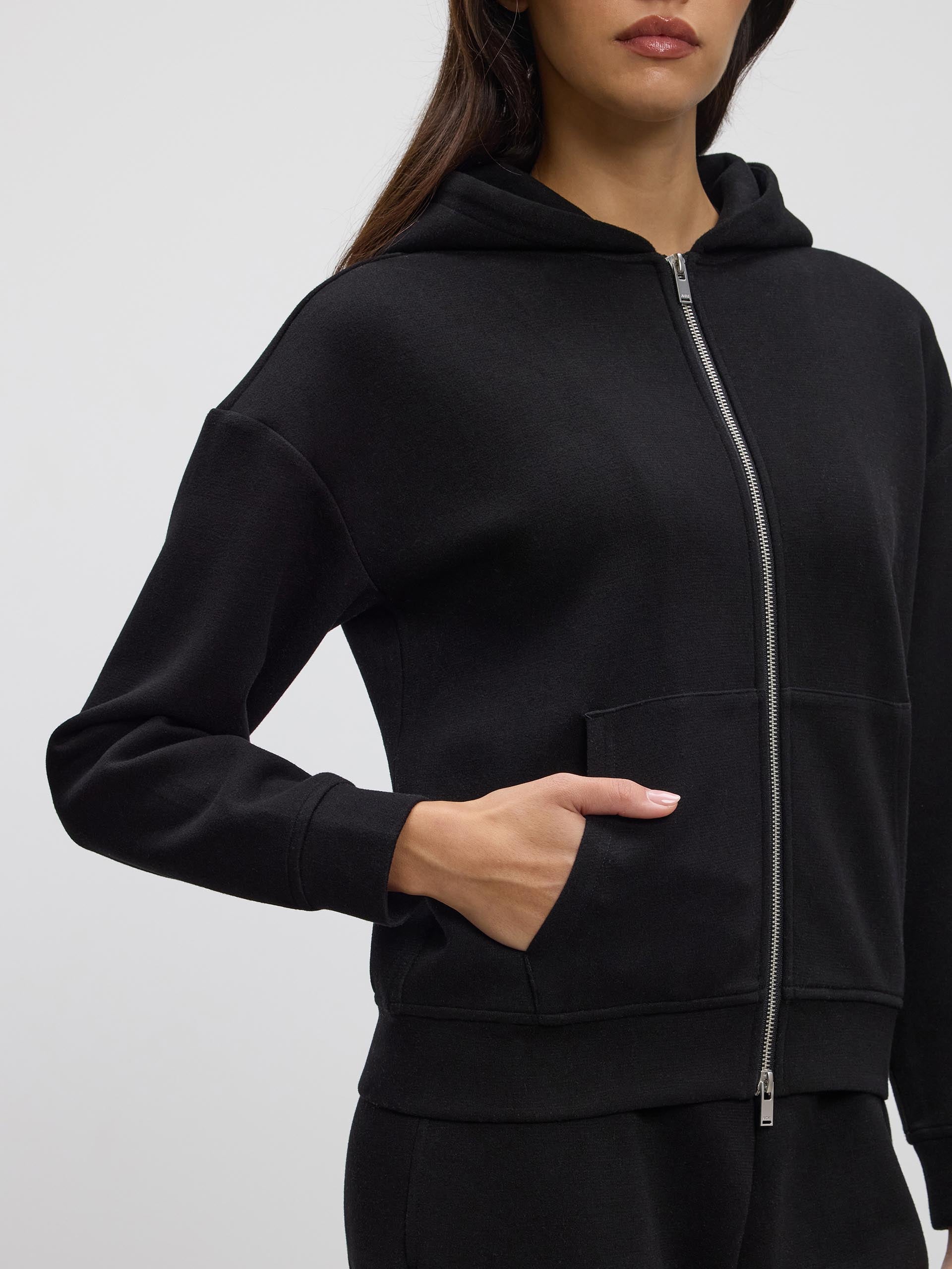Womens Knitted Relaxed Zip Hoodie in Black
