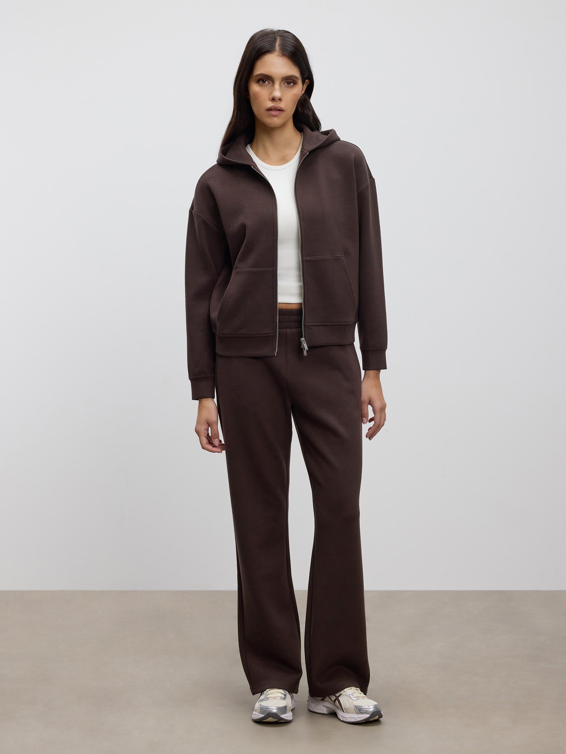 Womens Knitted Relaxed Zip Hoodie in Brown